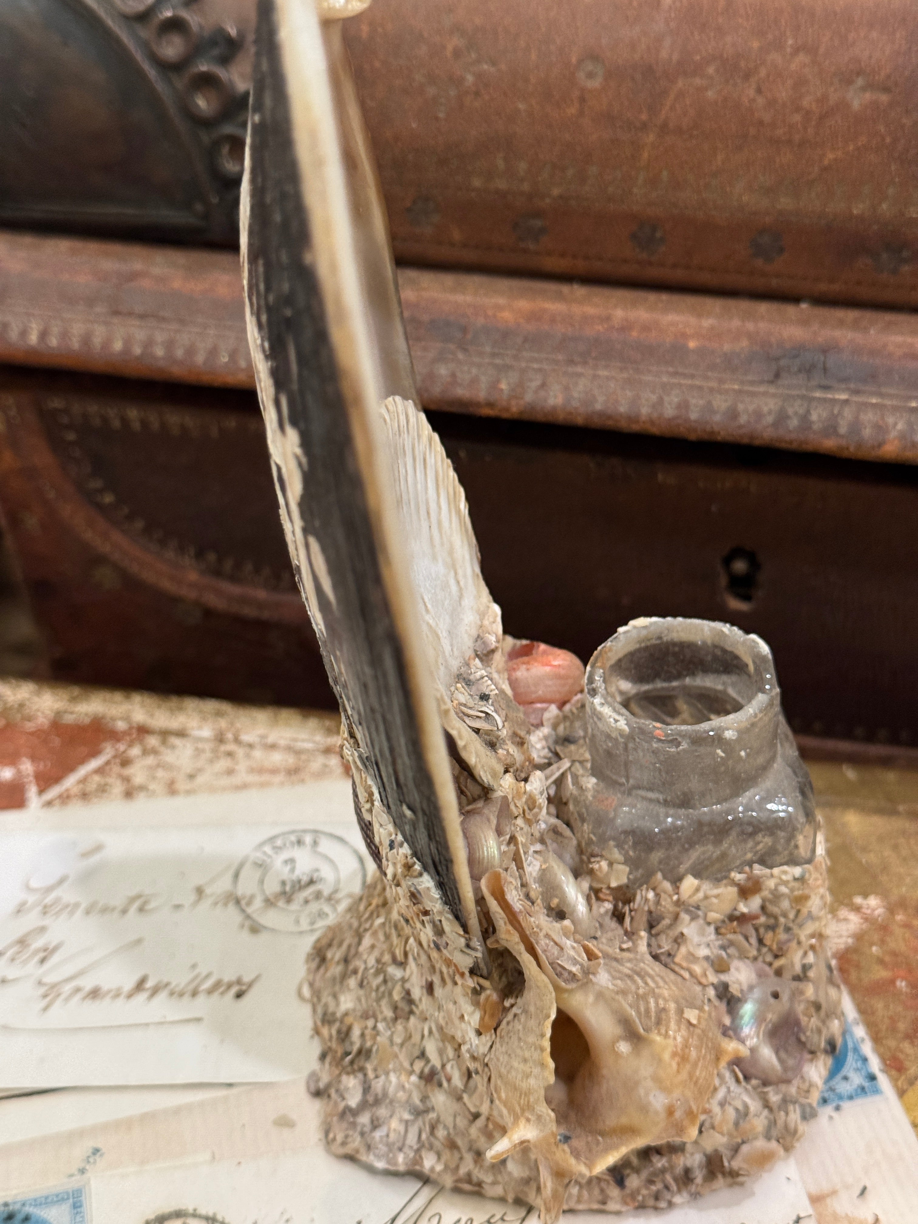 Antique French Seashell Inkwell Art