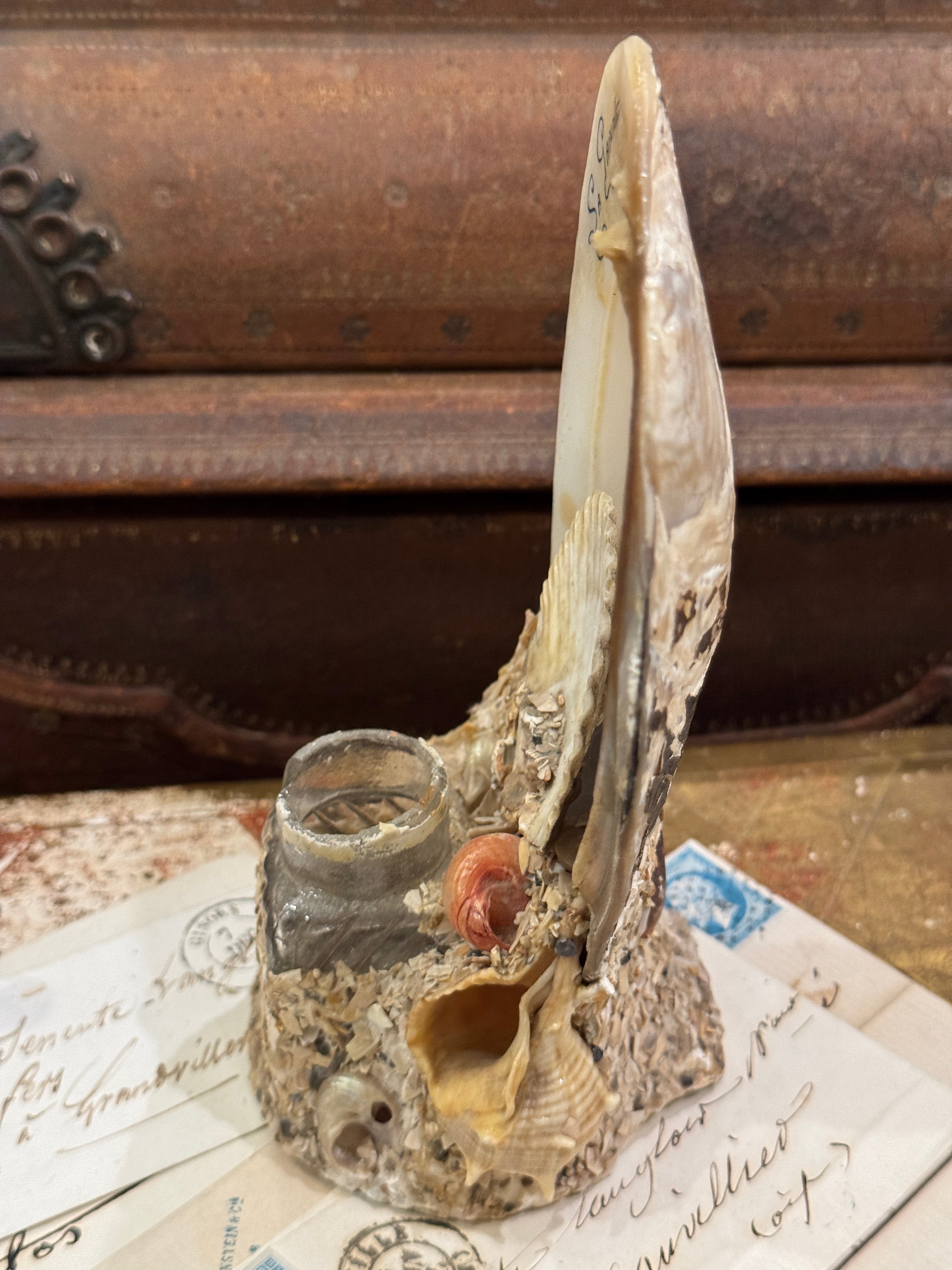 Antique French Seashell Inkwell Art