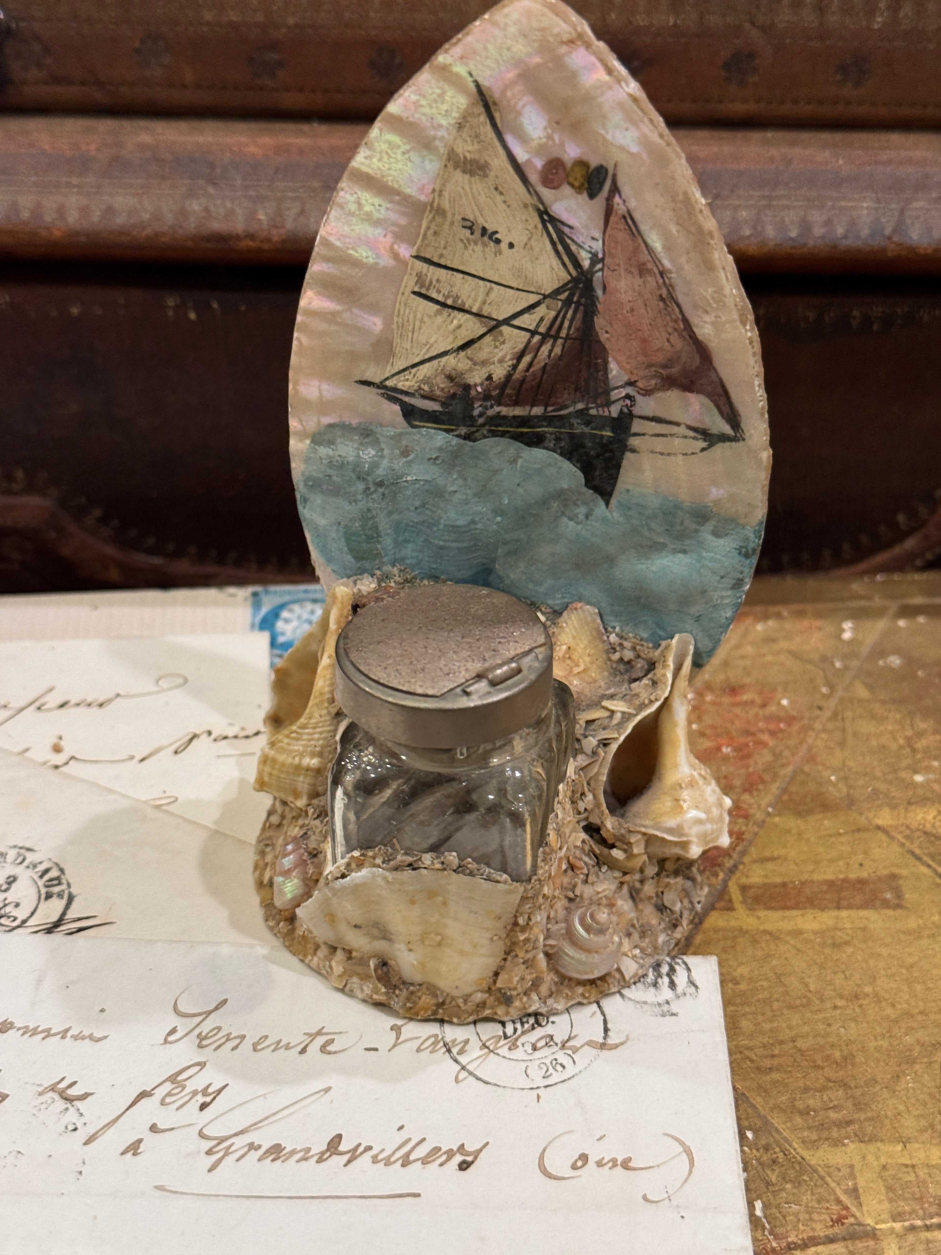 Antique French Seashell Inkwell Art
