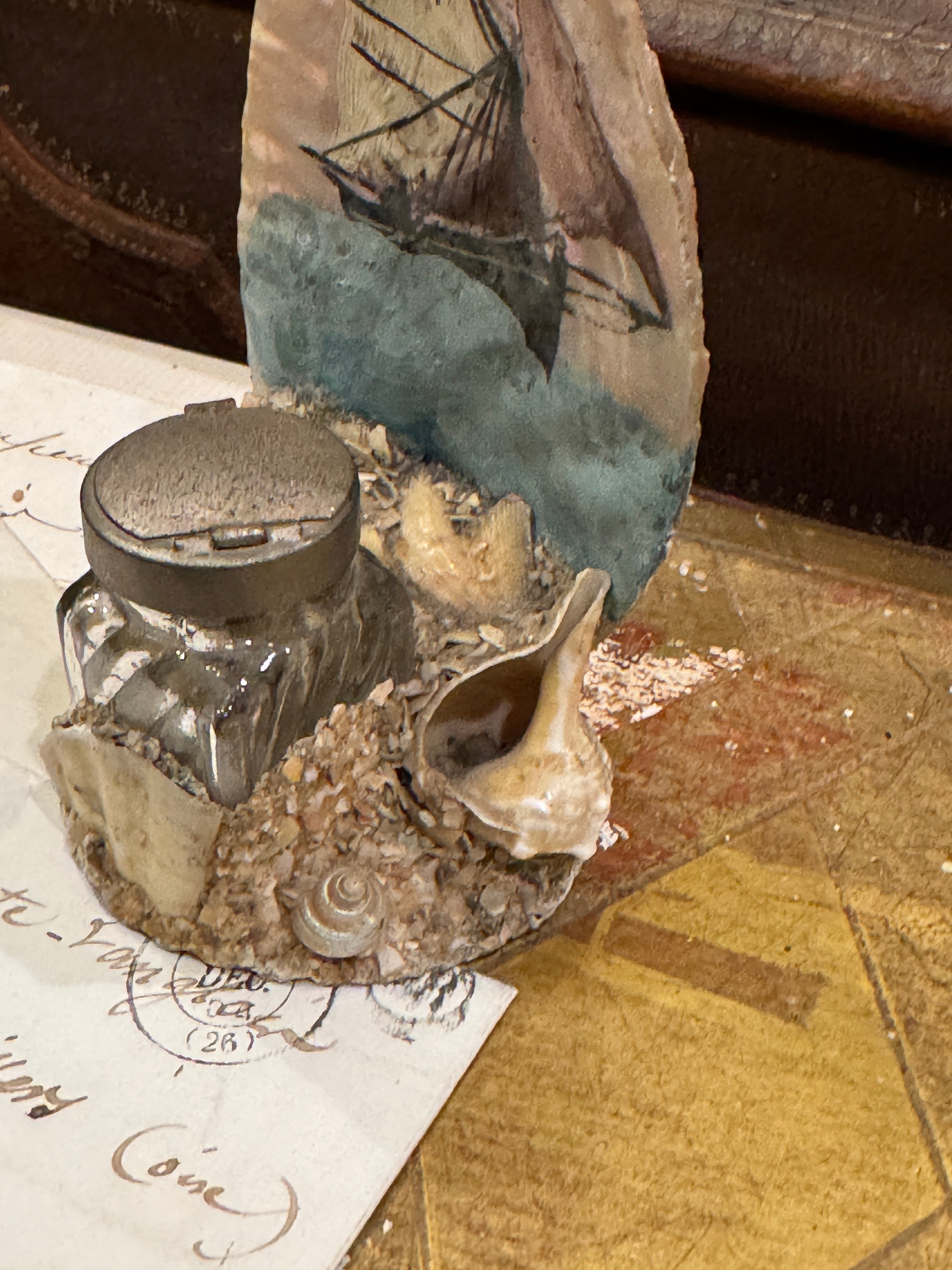 Antique French Seashell Inkwell Art