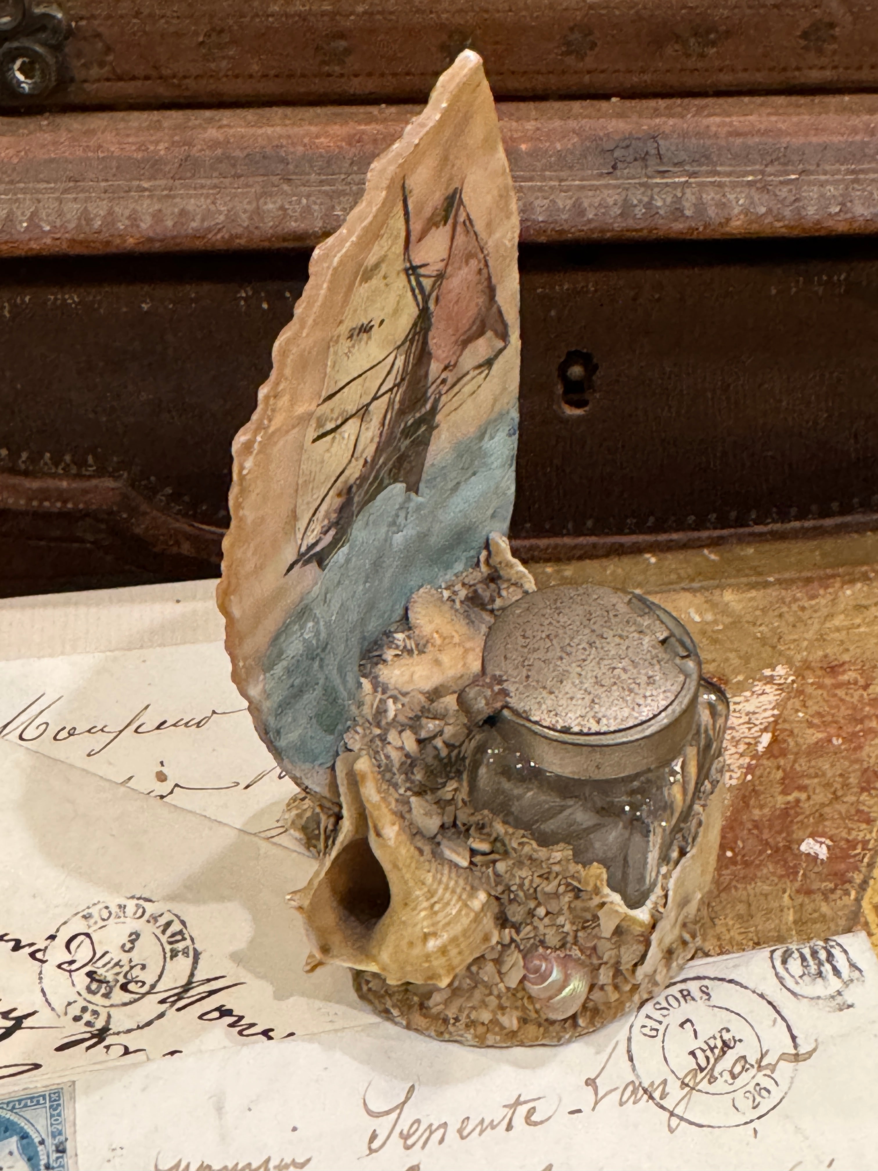 Antique French Seashell Inkwell Art