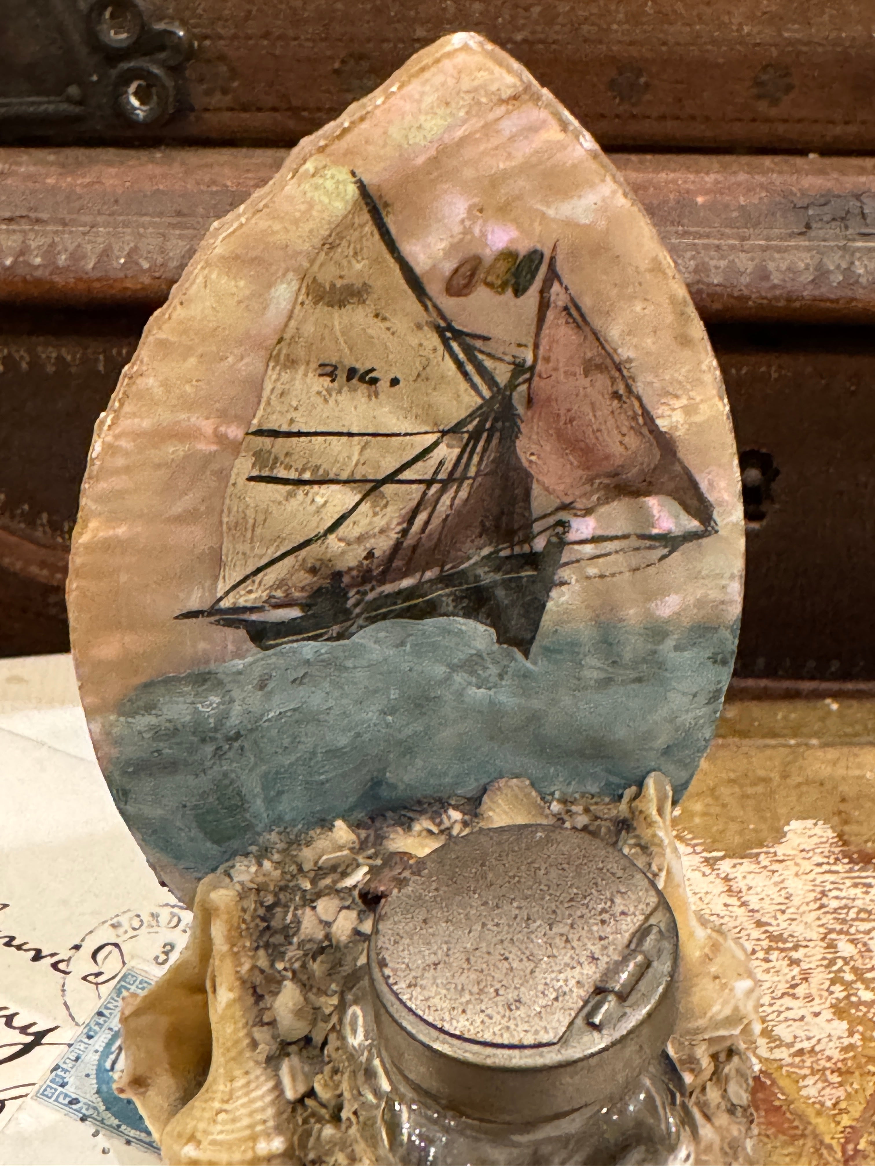 Antique French Seashell Inkwell Art