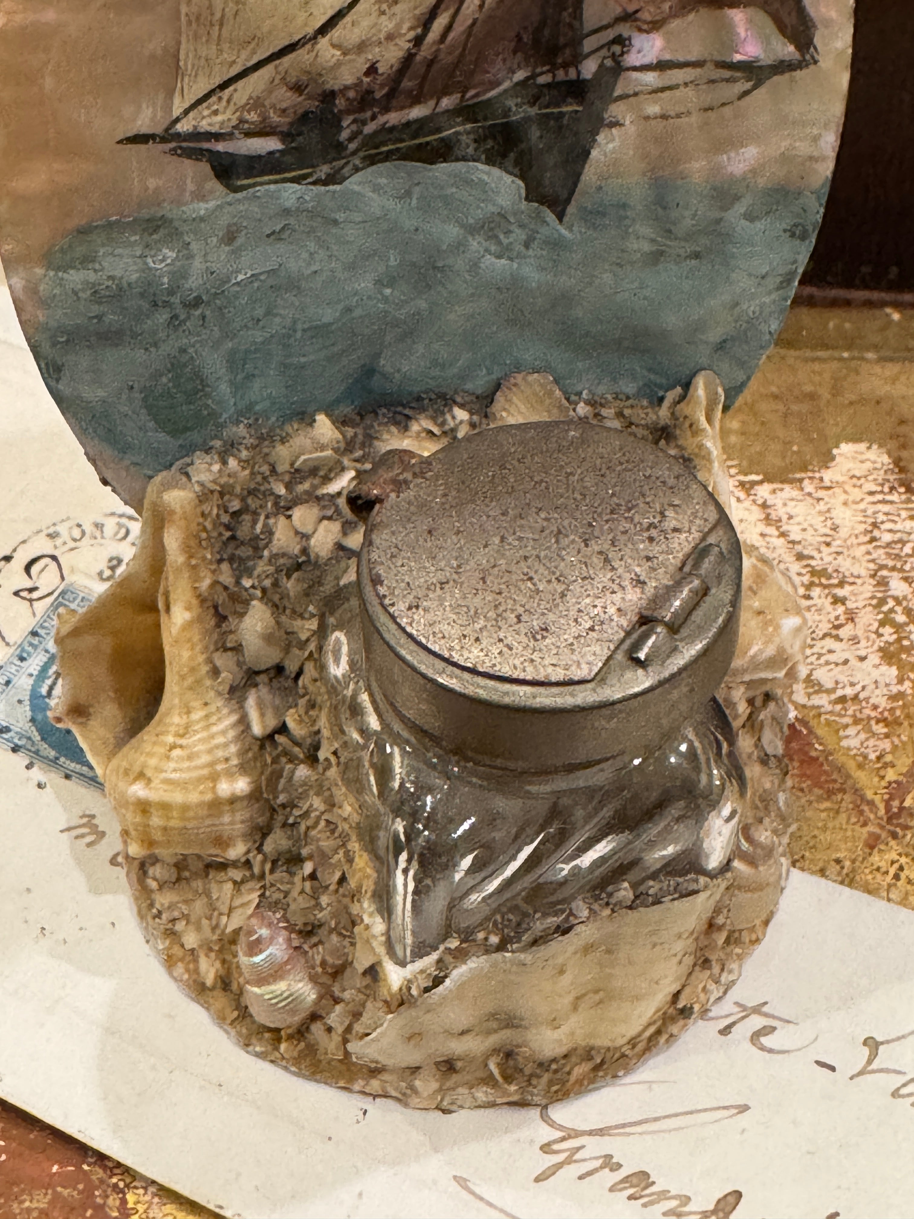 Antique French Seashell Inkwell Art