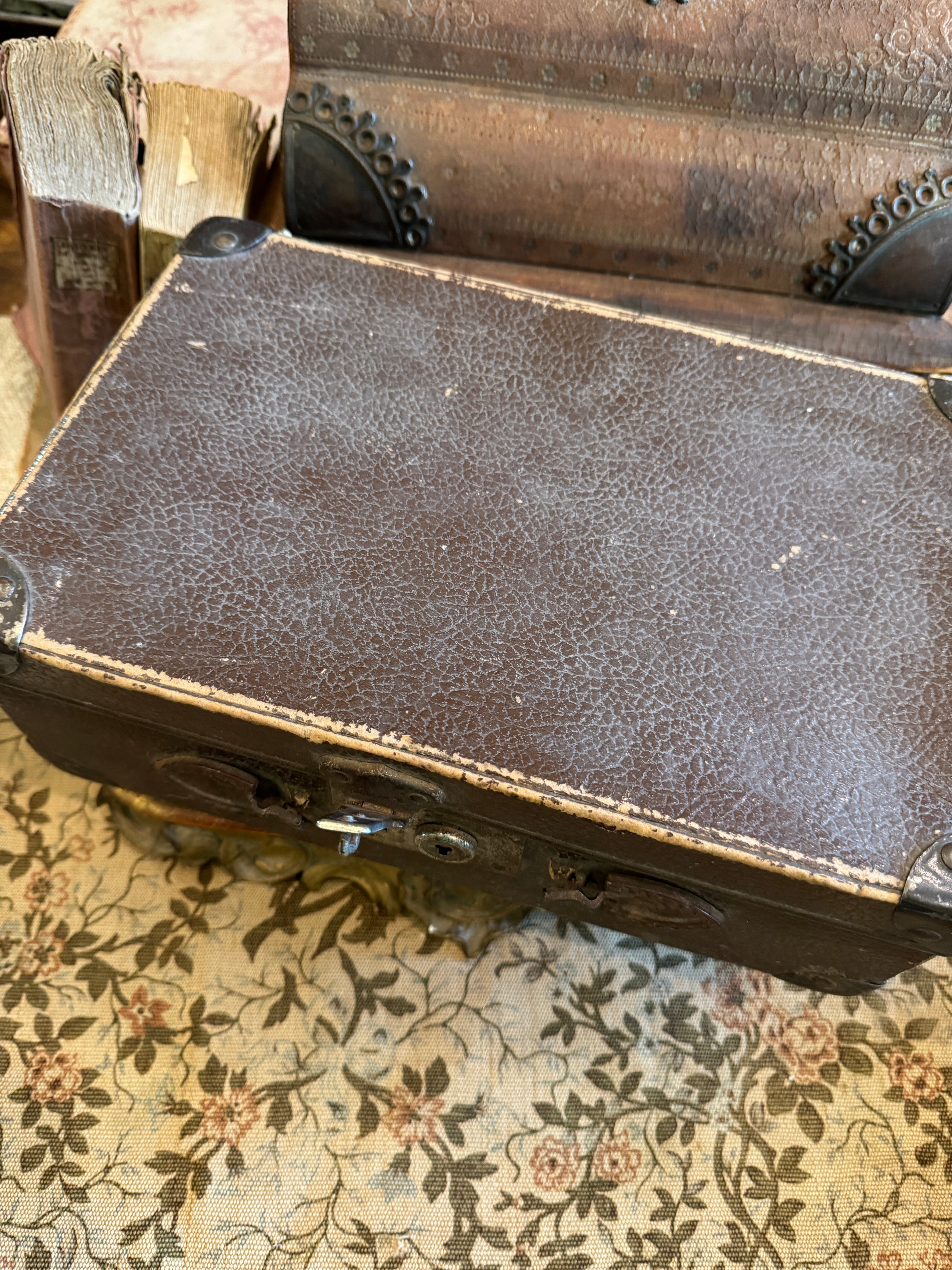 Small Vintage French Cardboard Suitcase with Paper Lining