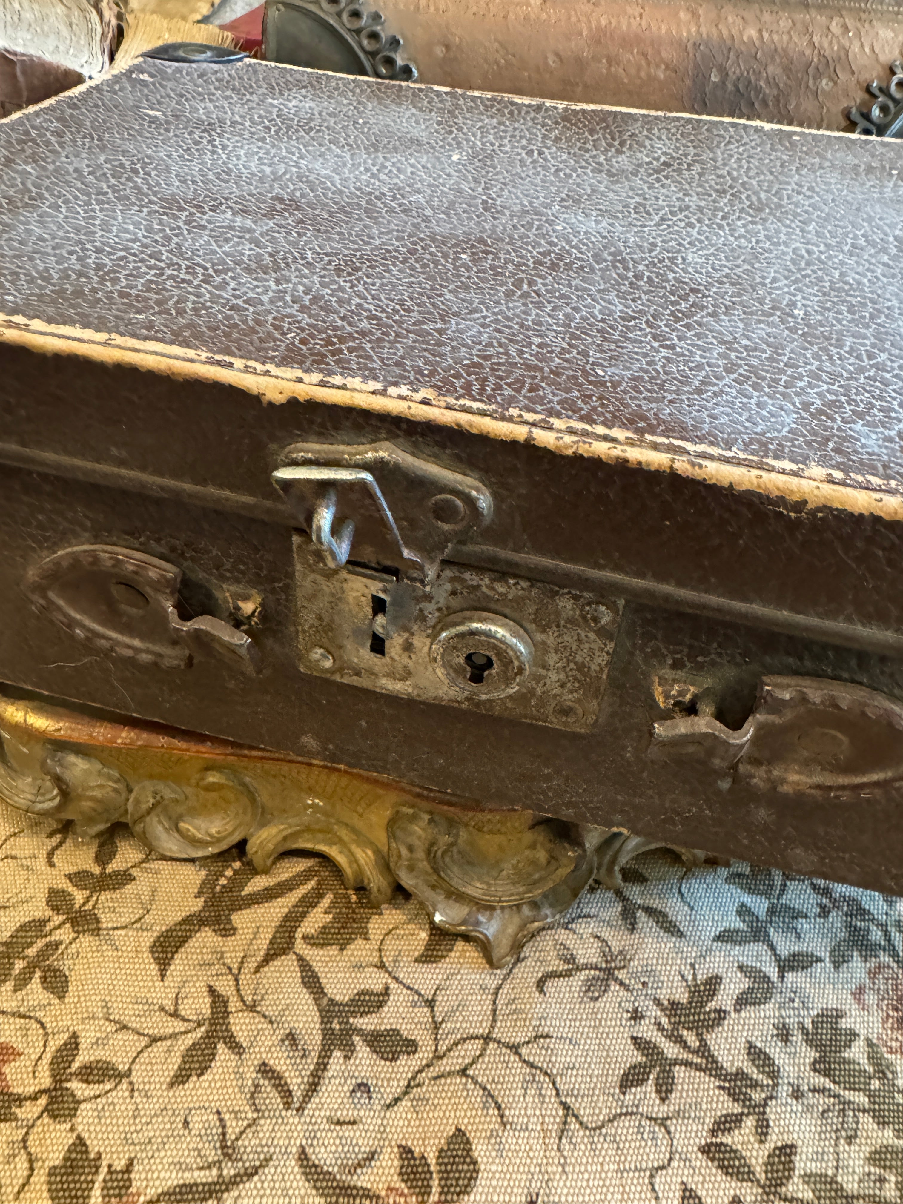 Small Vintage French Cardboard Suitcase with Paper Lining