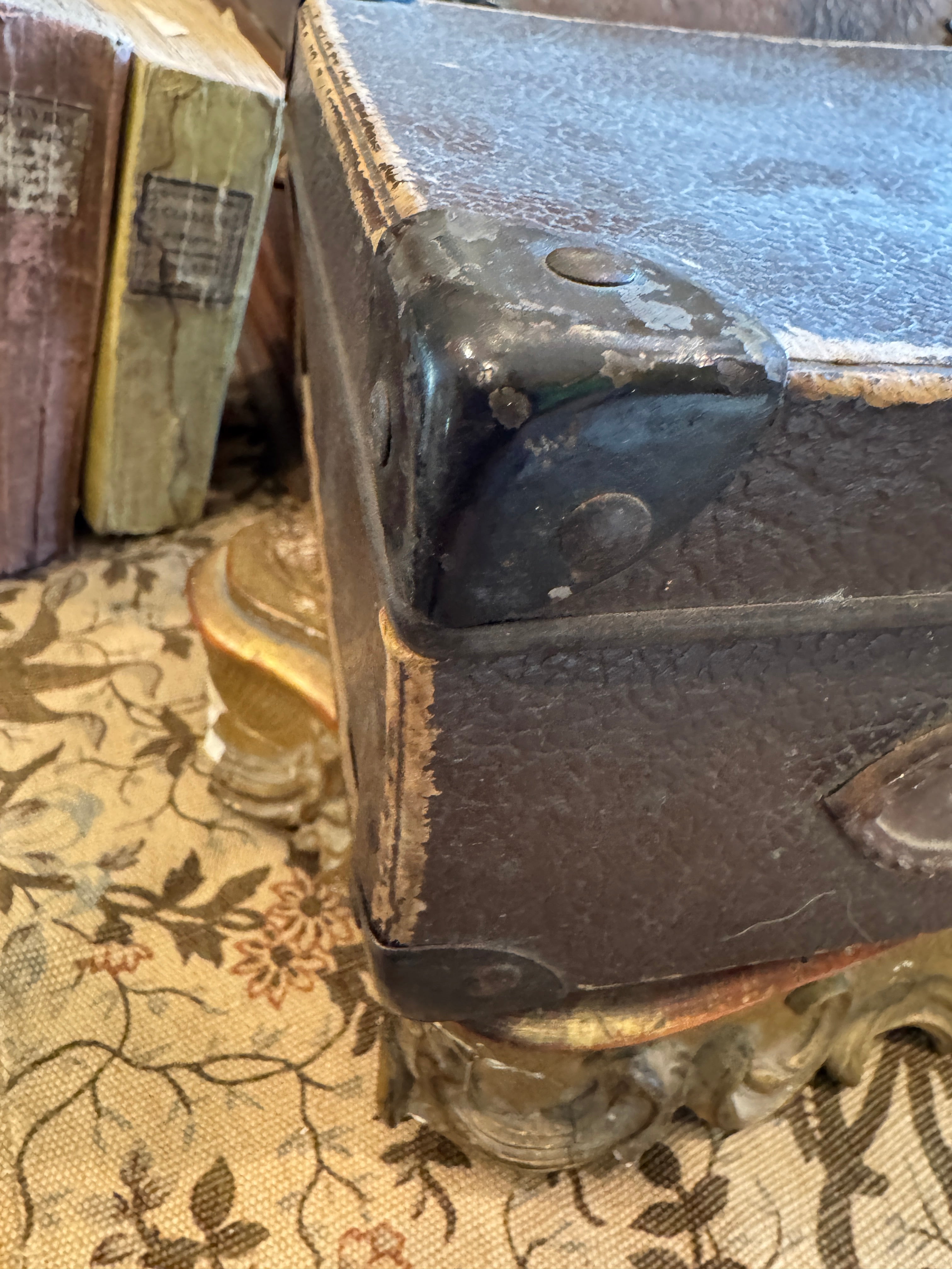 Small Vintage French Cardboard Suitcase with Paper Lining