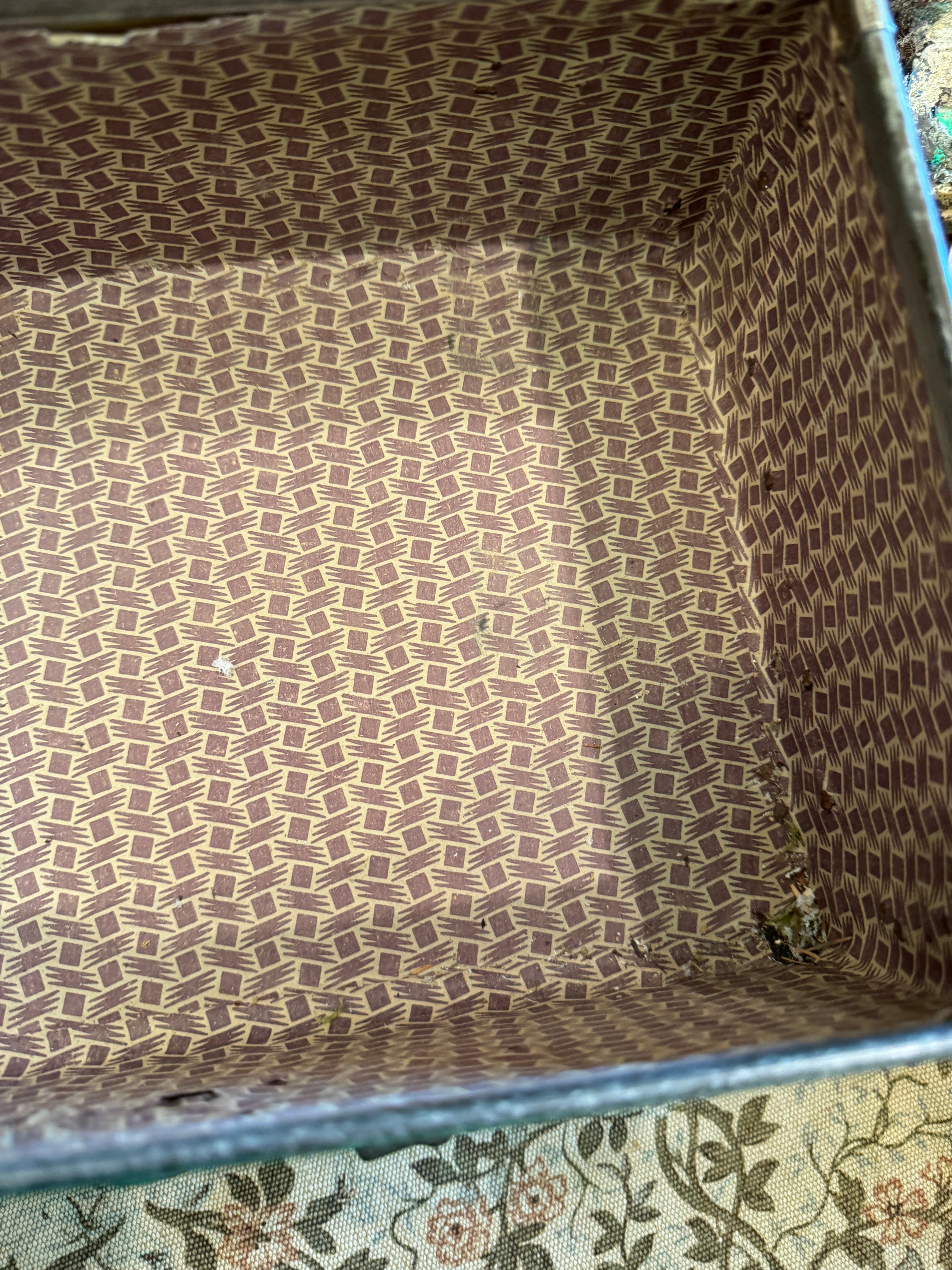 Small Vintage French Cardboard Suitcase with Paper Lining