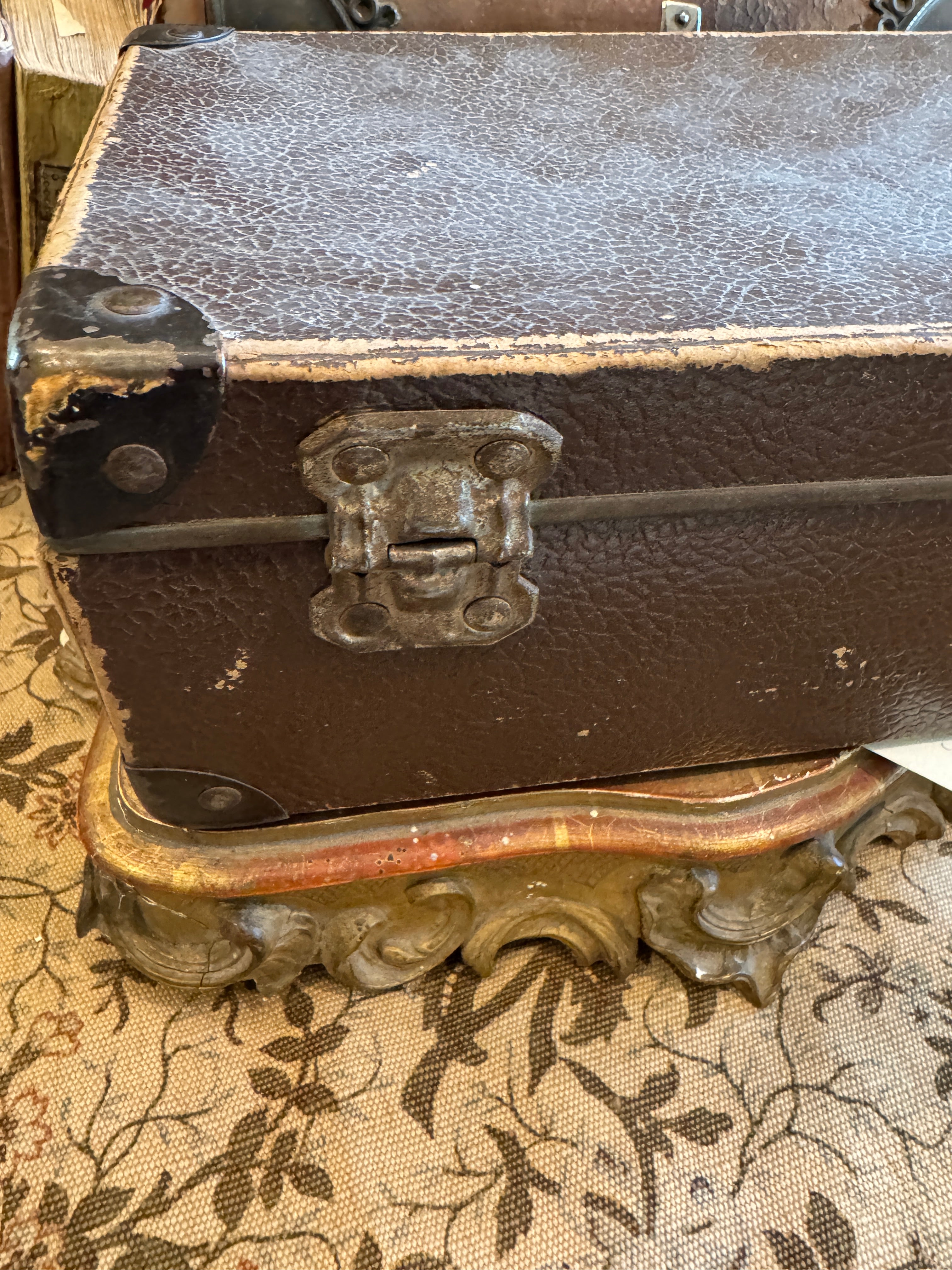 Small Vintage French Cardboard Suitcase with Paper Lining