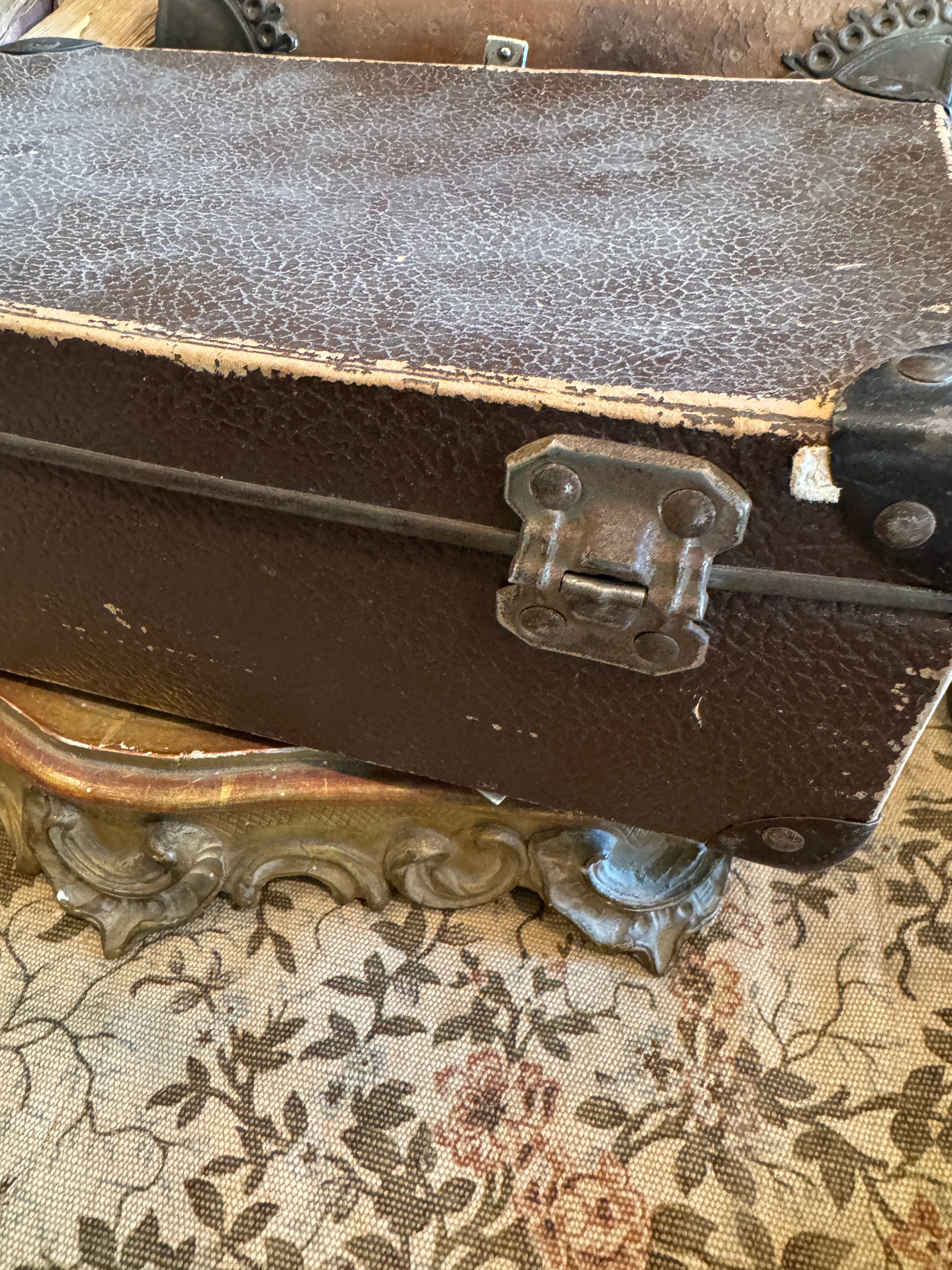 Small Vintage French Cardboard Suitcase with Paper Lining