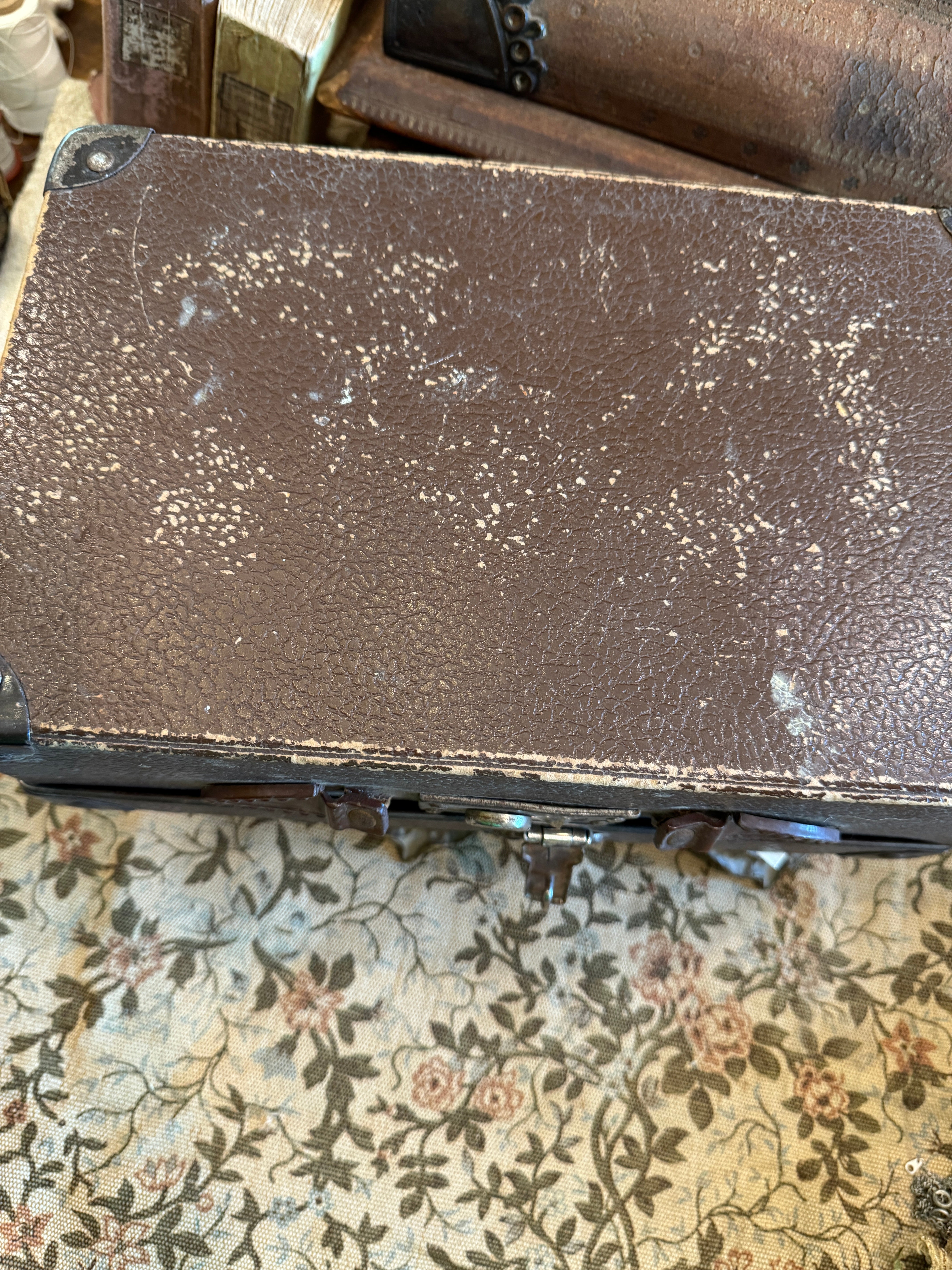 Small Vintage French Cardboard Suitcase with Paper Lining