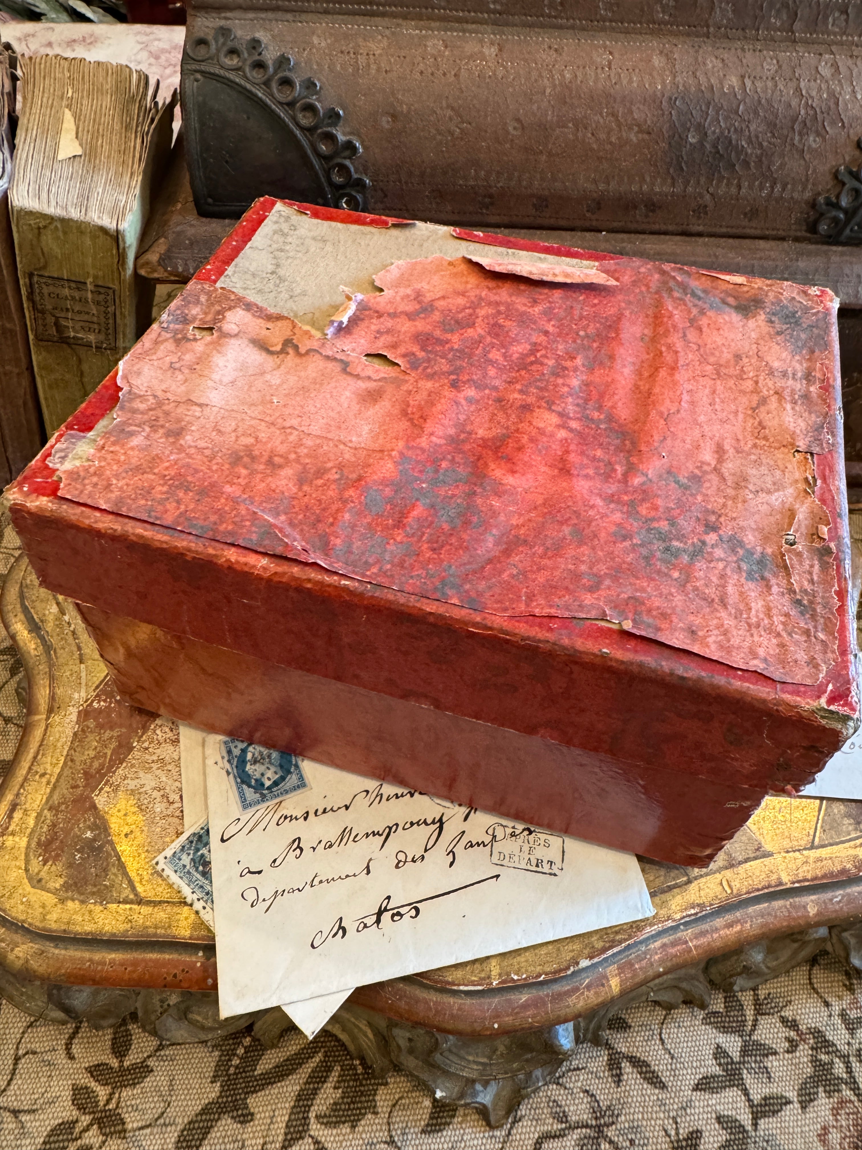 Small Antique French Cardboard Box with Ephemera