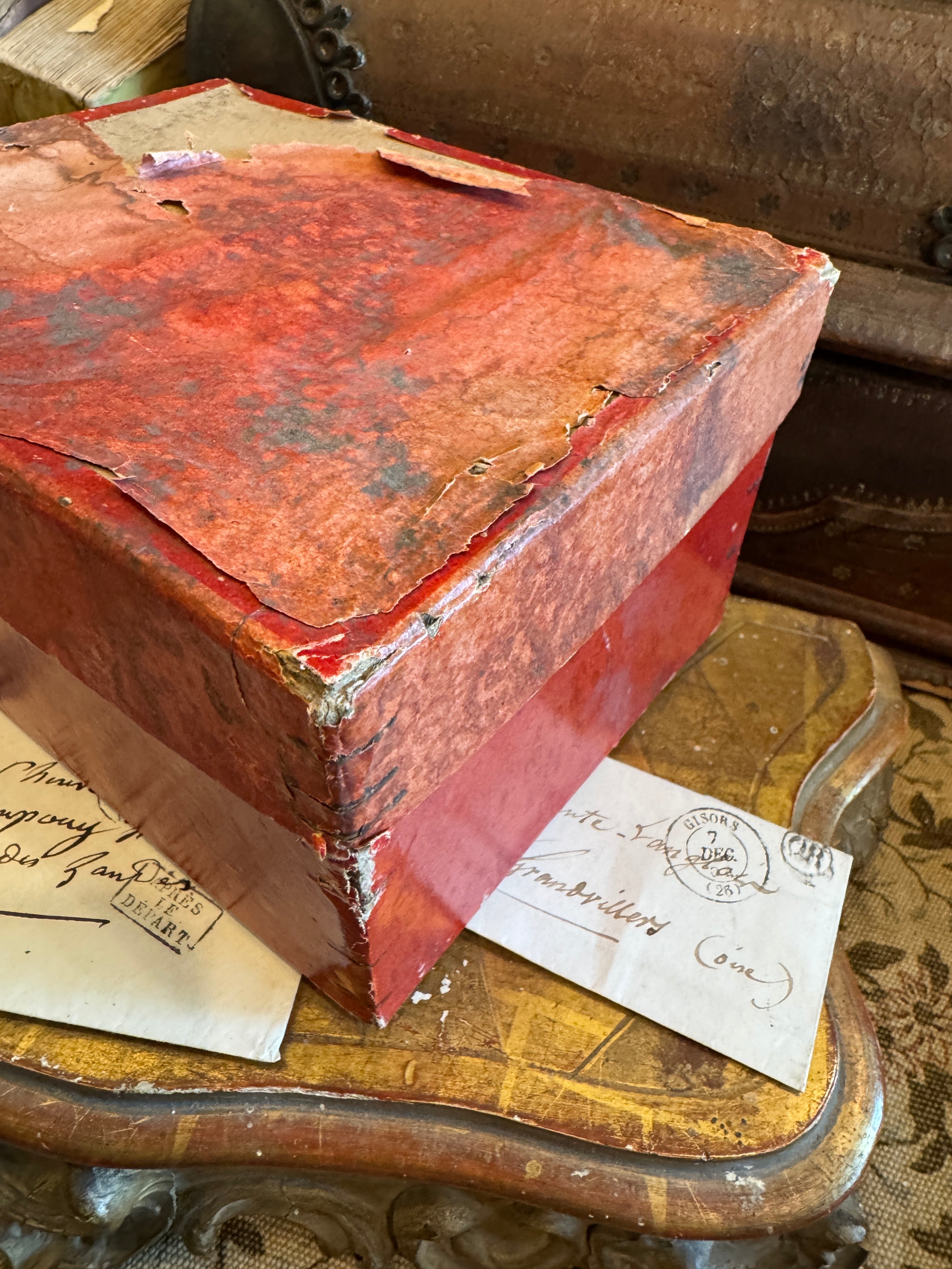 Small Antique French Cardboard Box with Ephemera