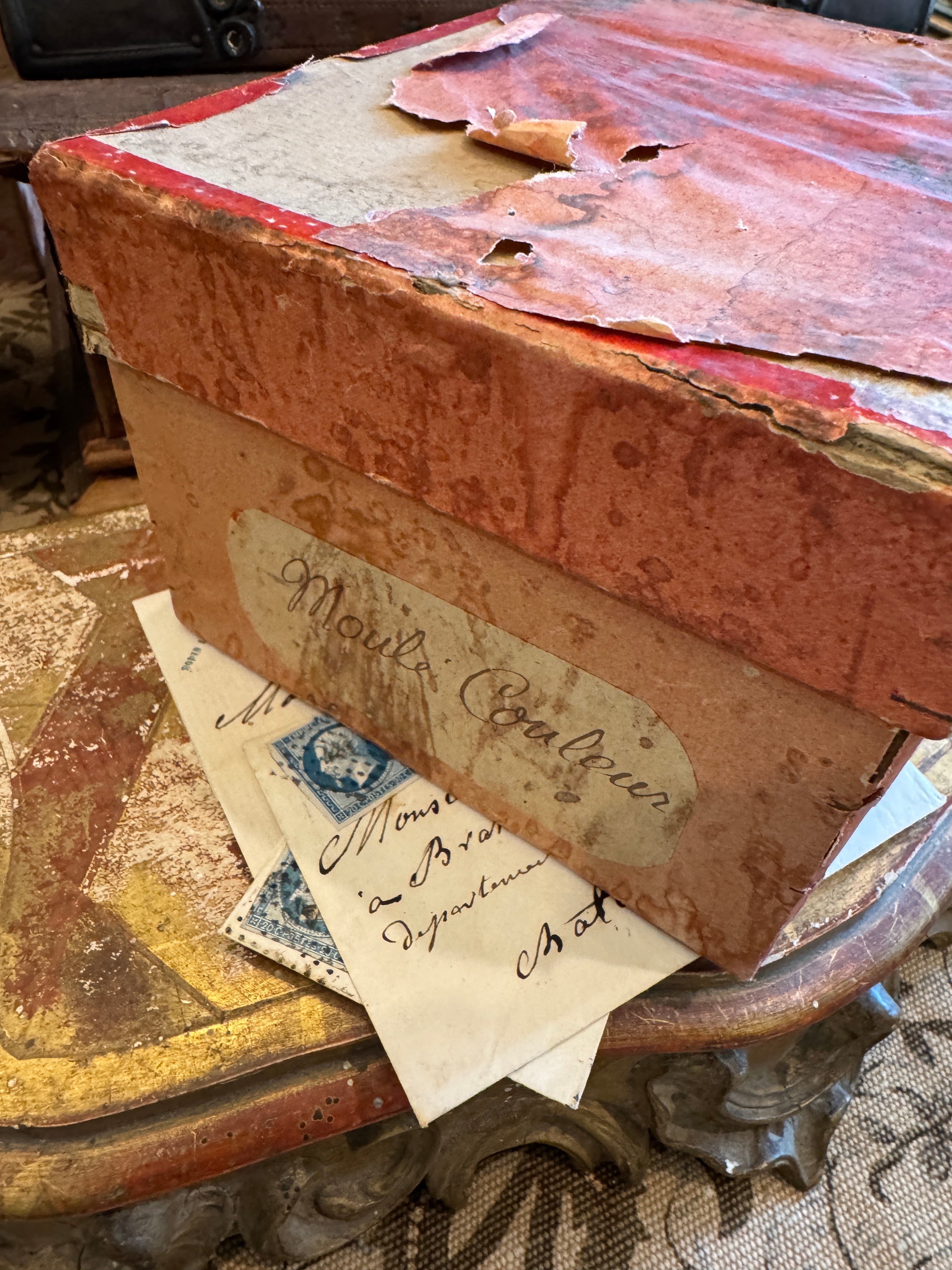 Small Antique French Cardboard Box with Ephemera