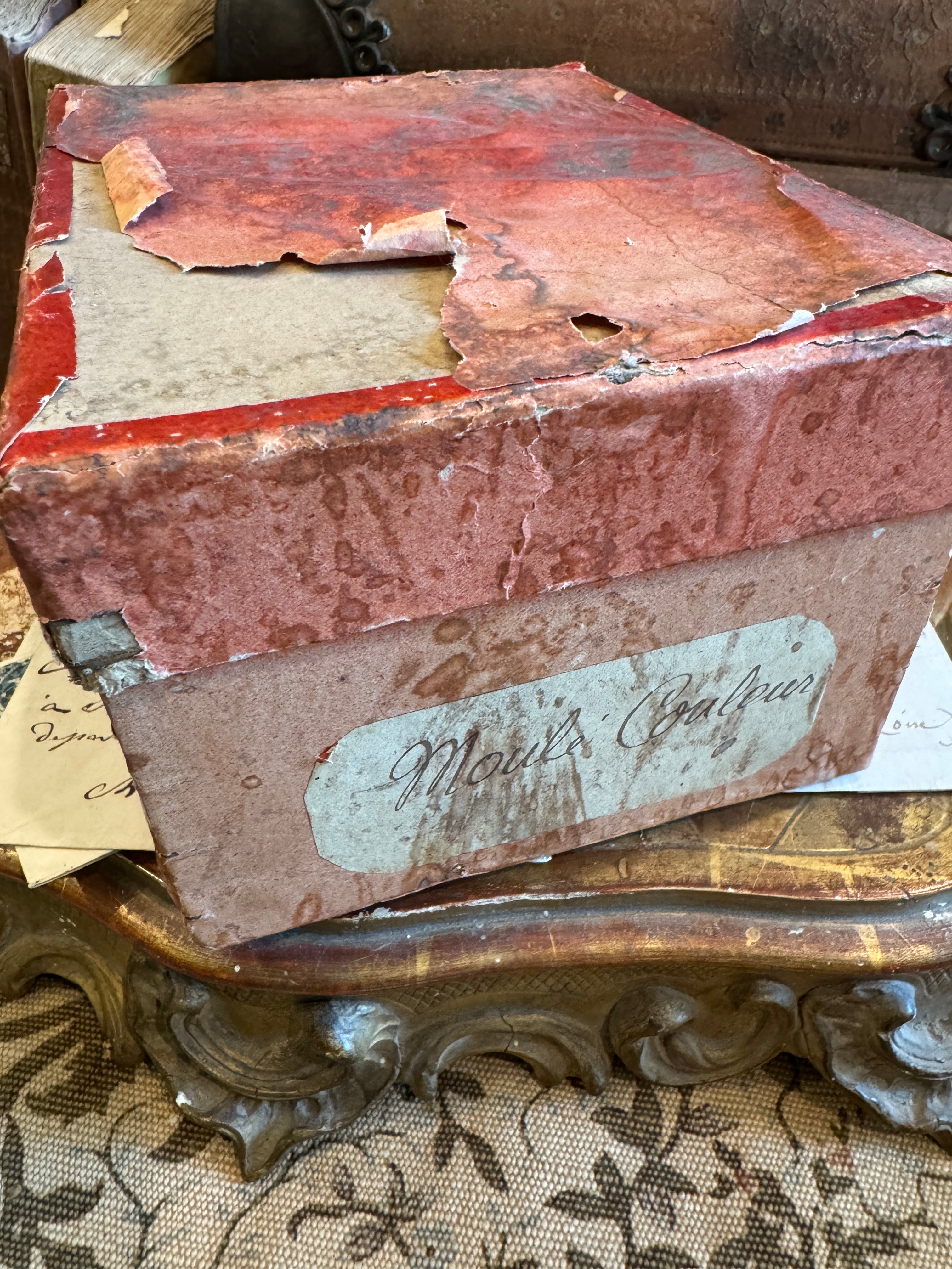 Small Antique French Cardboard Box with Ephemera