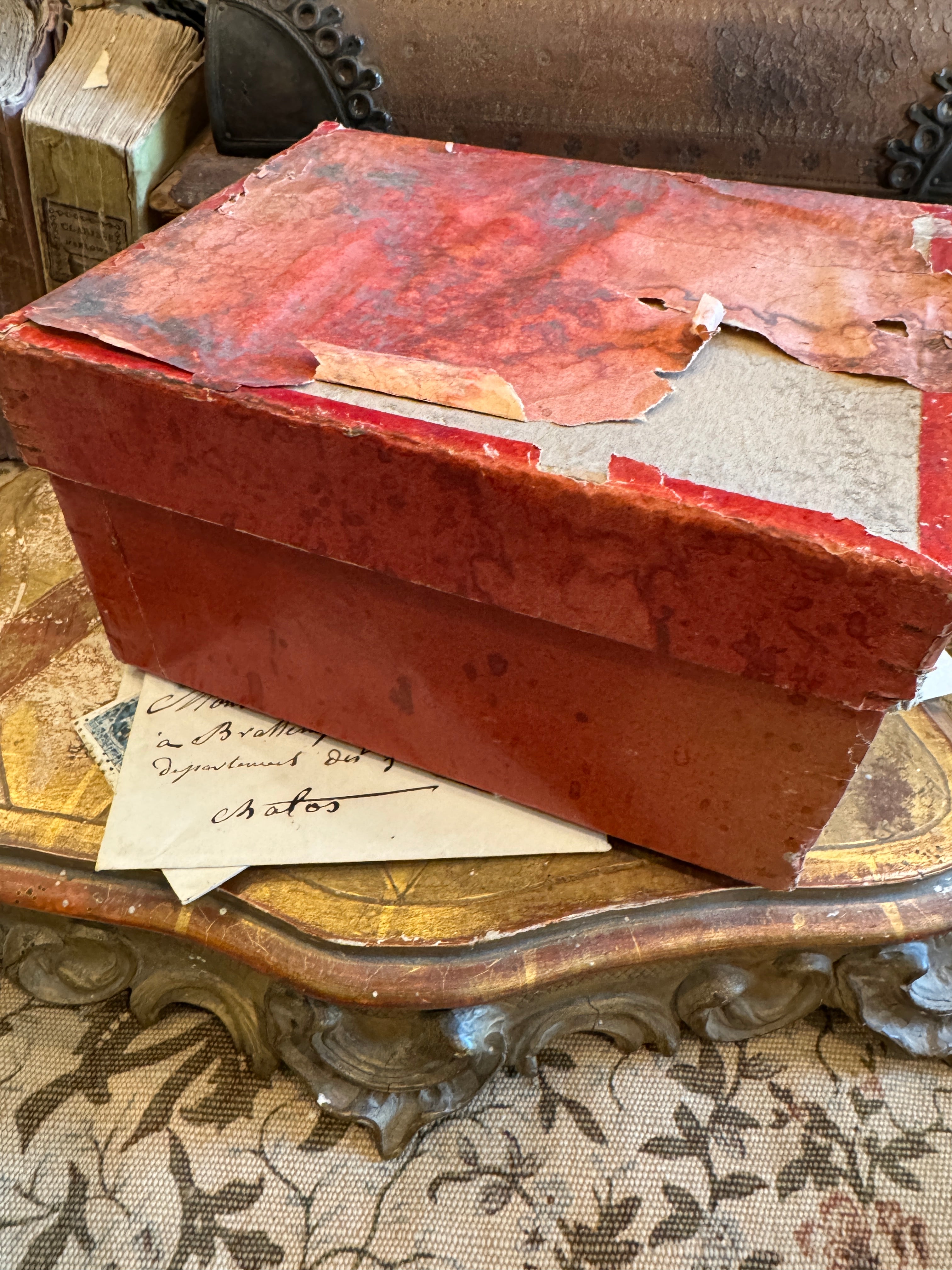 Small Antique French Cardboard Box with Ephemera