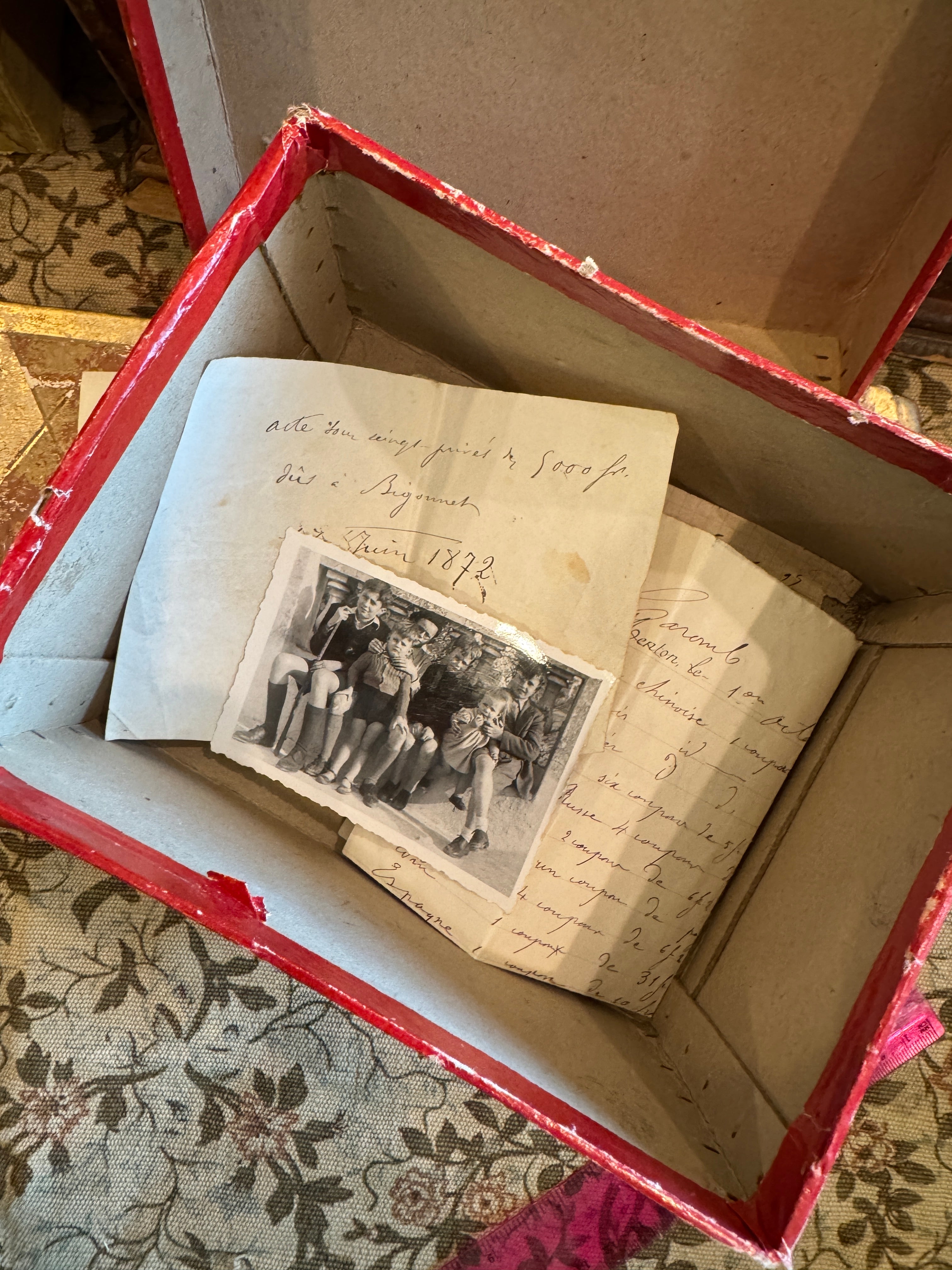 Small Antique French Cardboard Box with Ephemera