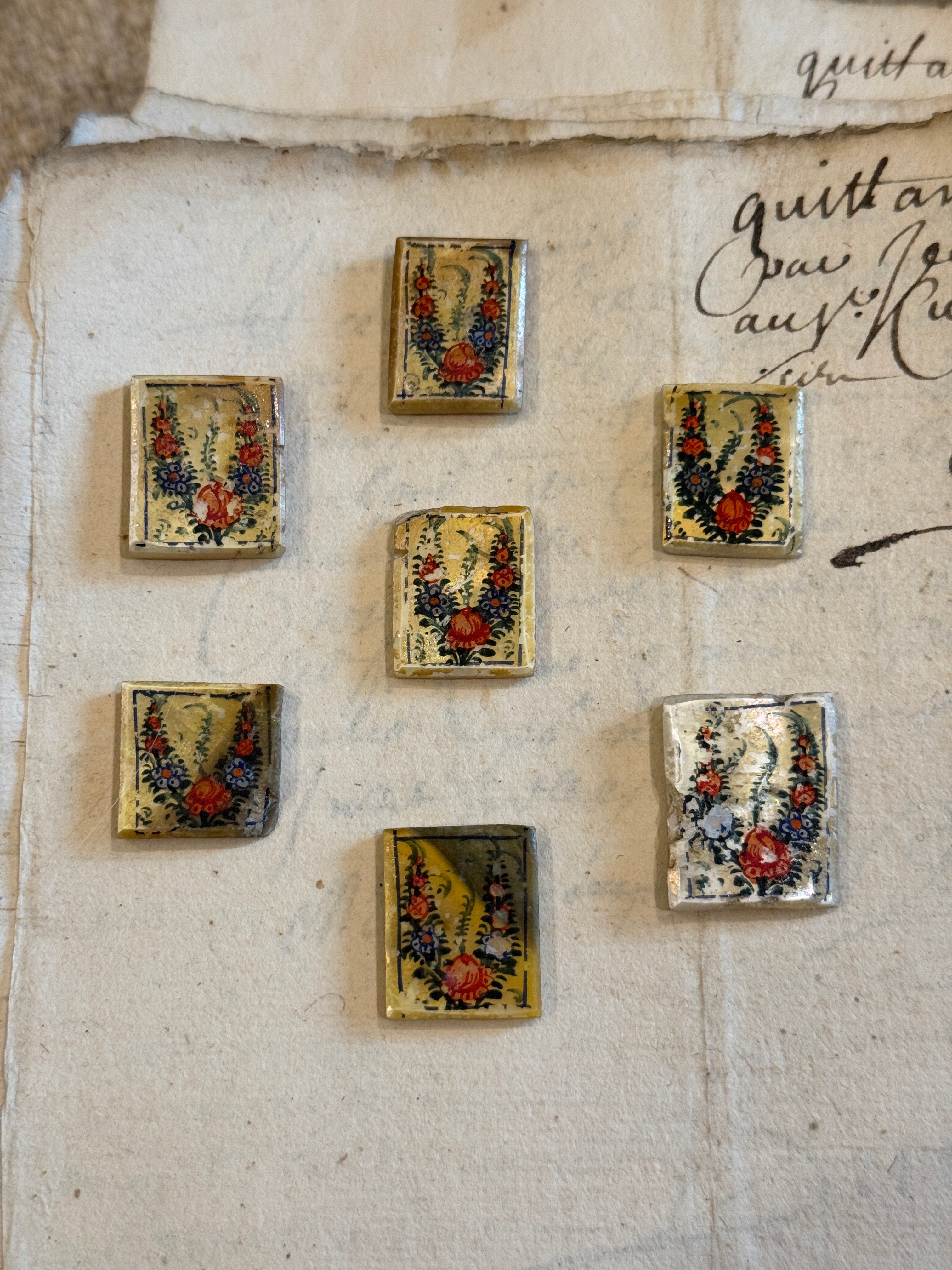 Antique Painted Rectangle Mother-of-Pearl Floral Tiles - T2