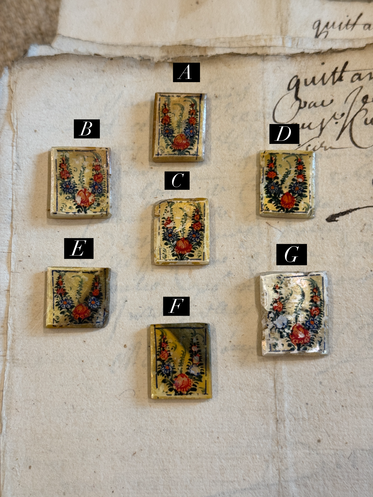 Antique Painted Rectangle Mother-of-Pearl Floral Tiles - T2