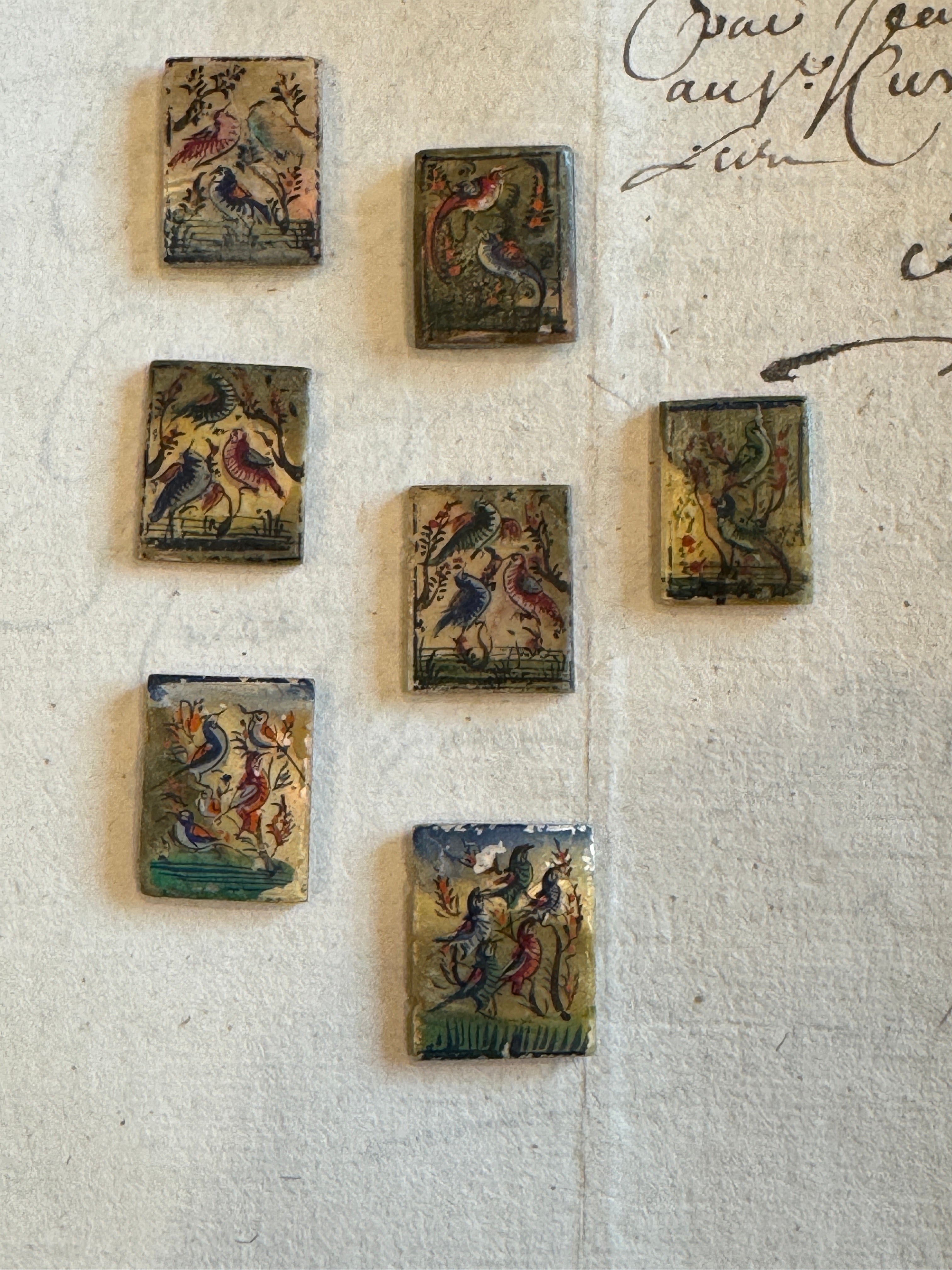 Antique Painted Rectangle Mother-of-Pearl Bird Tiles - T3