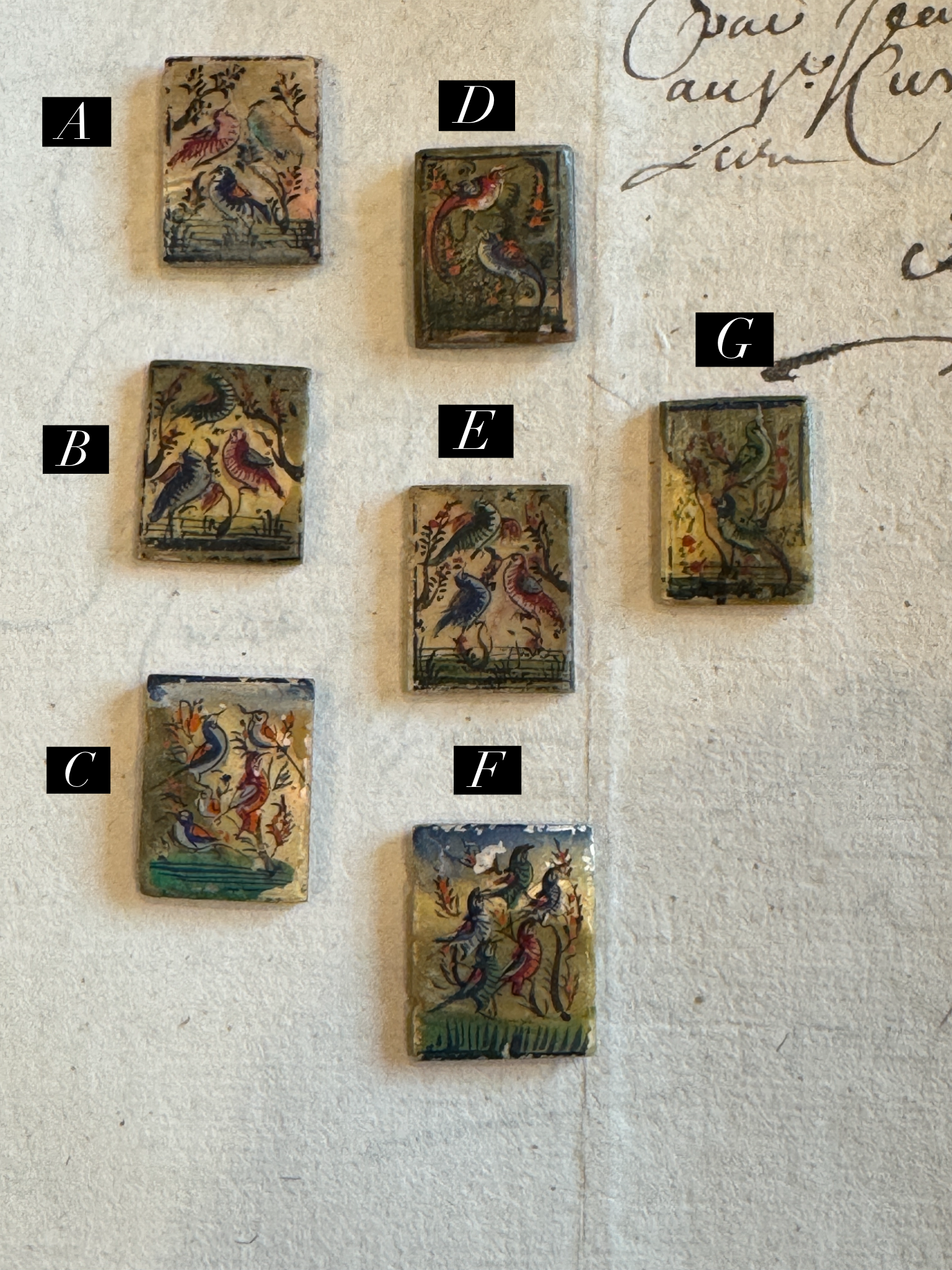 Antique Painted Rectangle Mother-of-Pearl Bird Tiles - T3