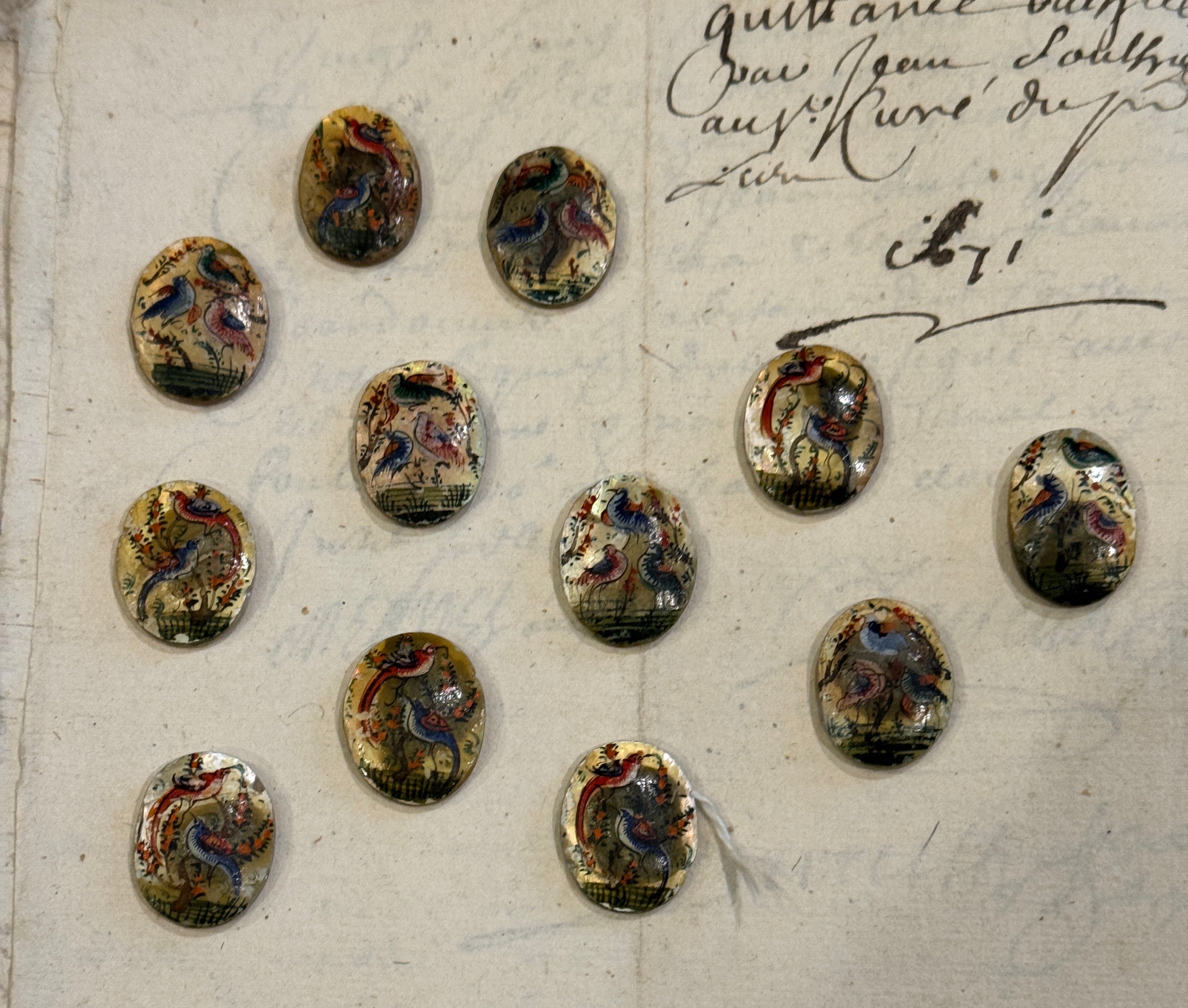 Antique Painted Oval Mother-of-Pearl Bird Tiles - T4