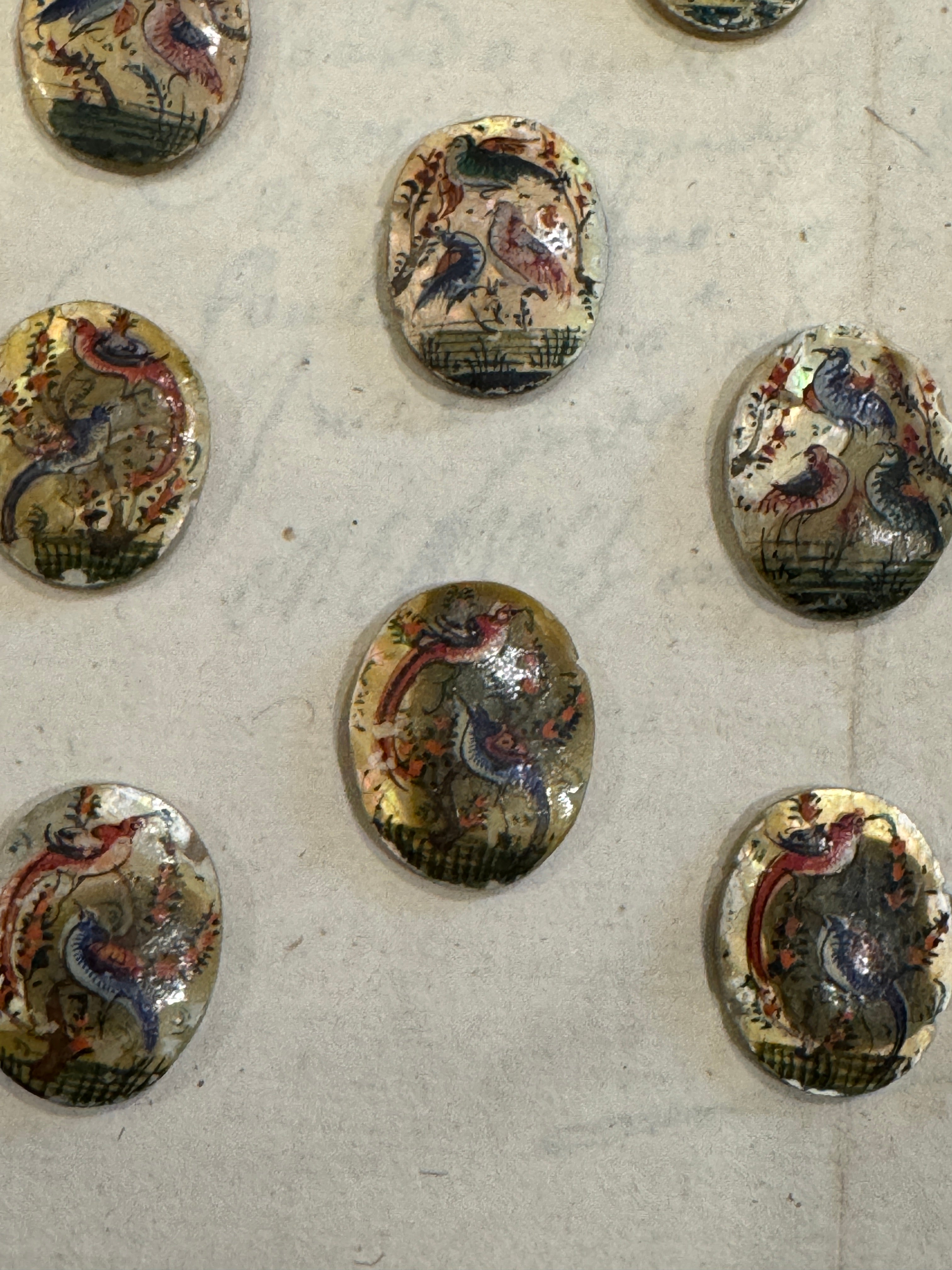 Antique Painted Oval Mother-of-Pearl Bird Tiles - T4