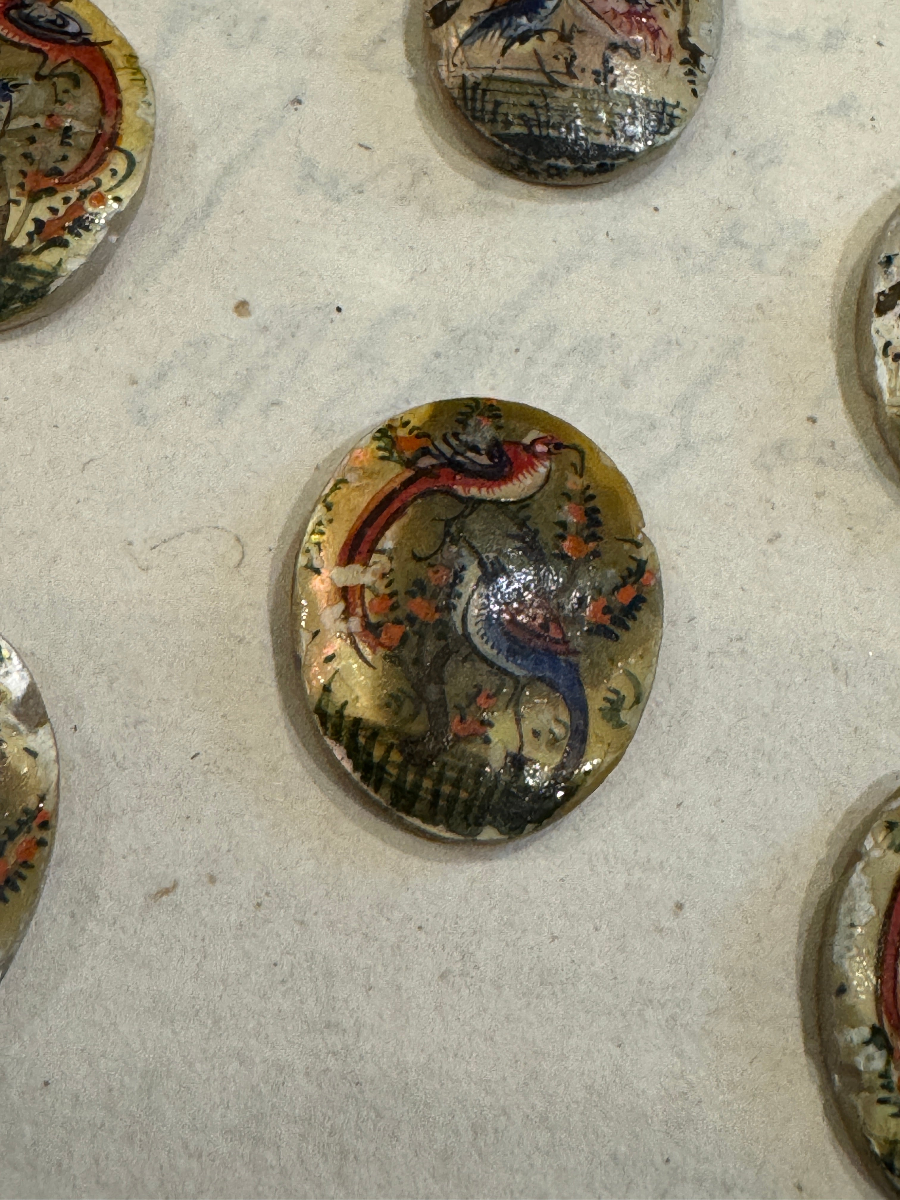 Antique Painted Oval Mother-of-Pearl Bird Tiles - T4