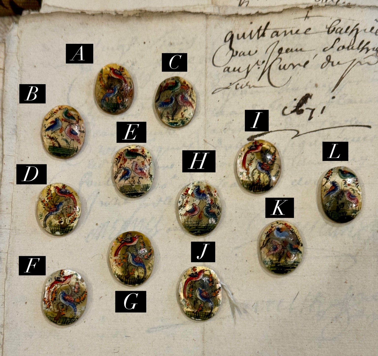 Antique Painted Oval Mother-of-Pearl Bird Tiles - T4