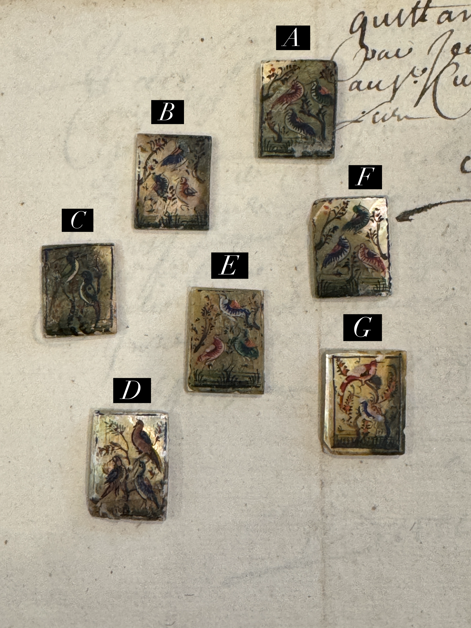 Antique Painted Rectangle Mother-of-Pearl Bird Tiles - T5