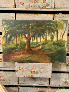 Darling Antique French "Alone In The Forest" Oil Painting