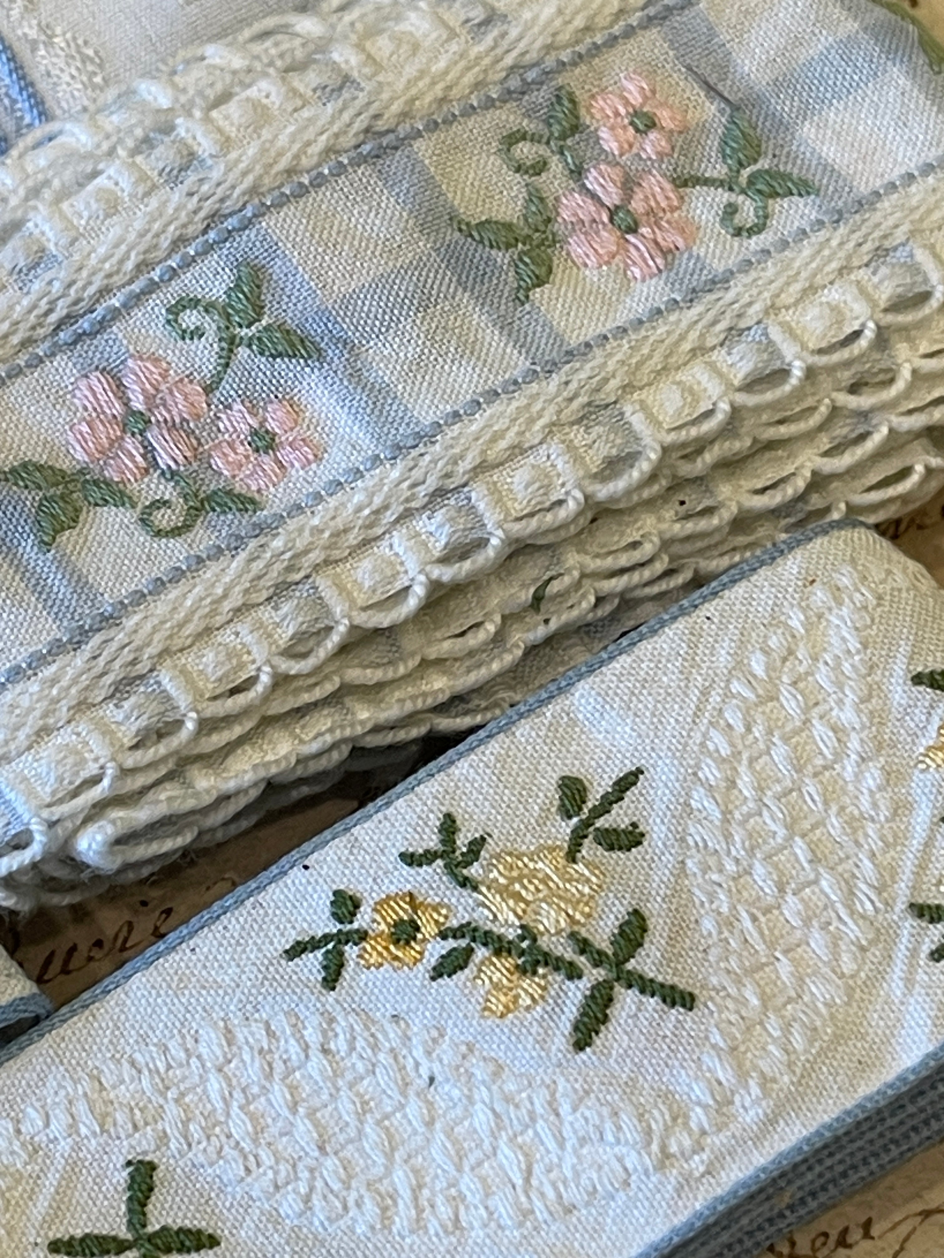 Vintage French Embroidered Pinks & Blue Ribbon Trims