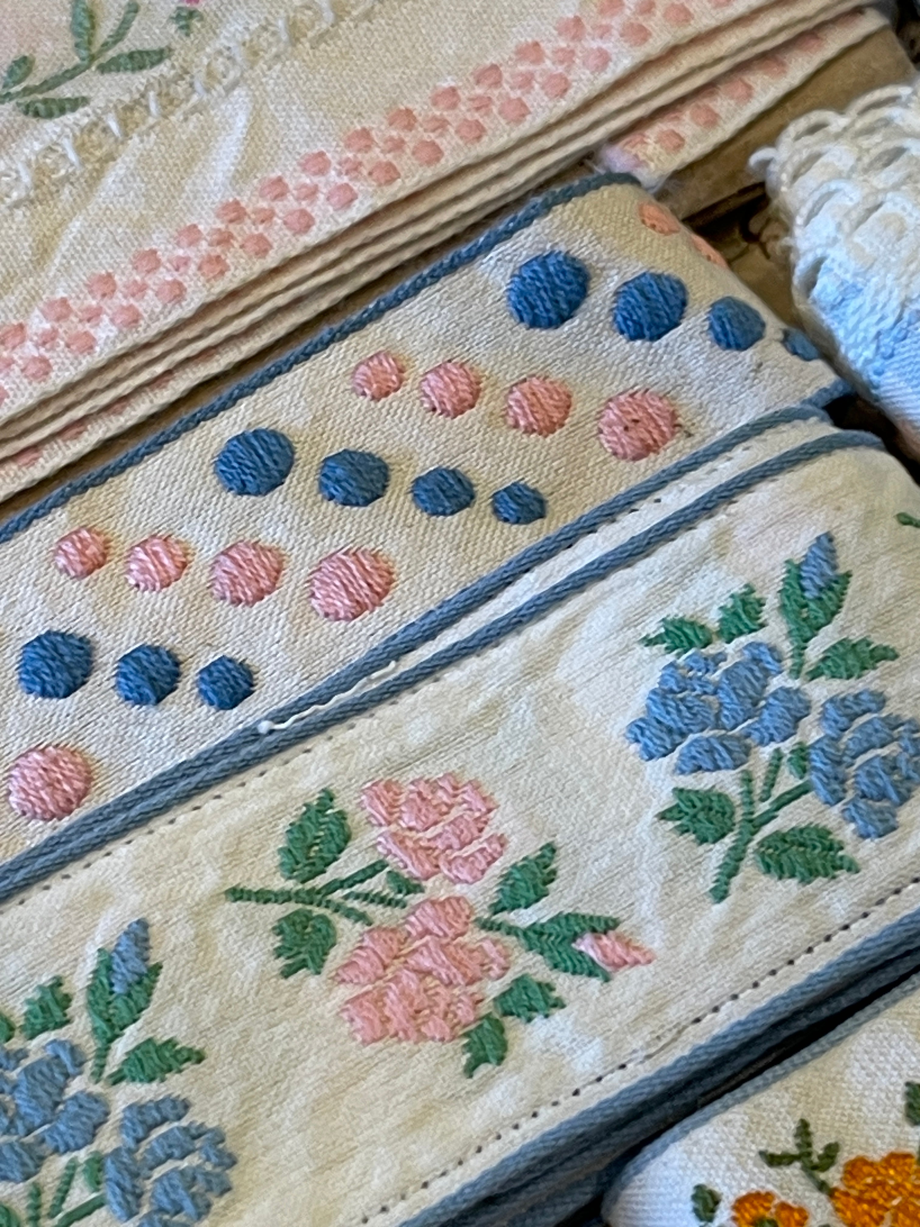 Vintage French Embroidered Pinks & Blue Ribbon Trims