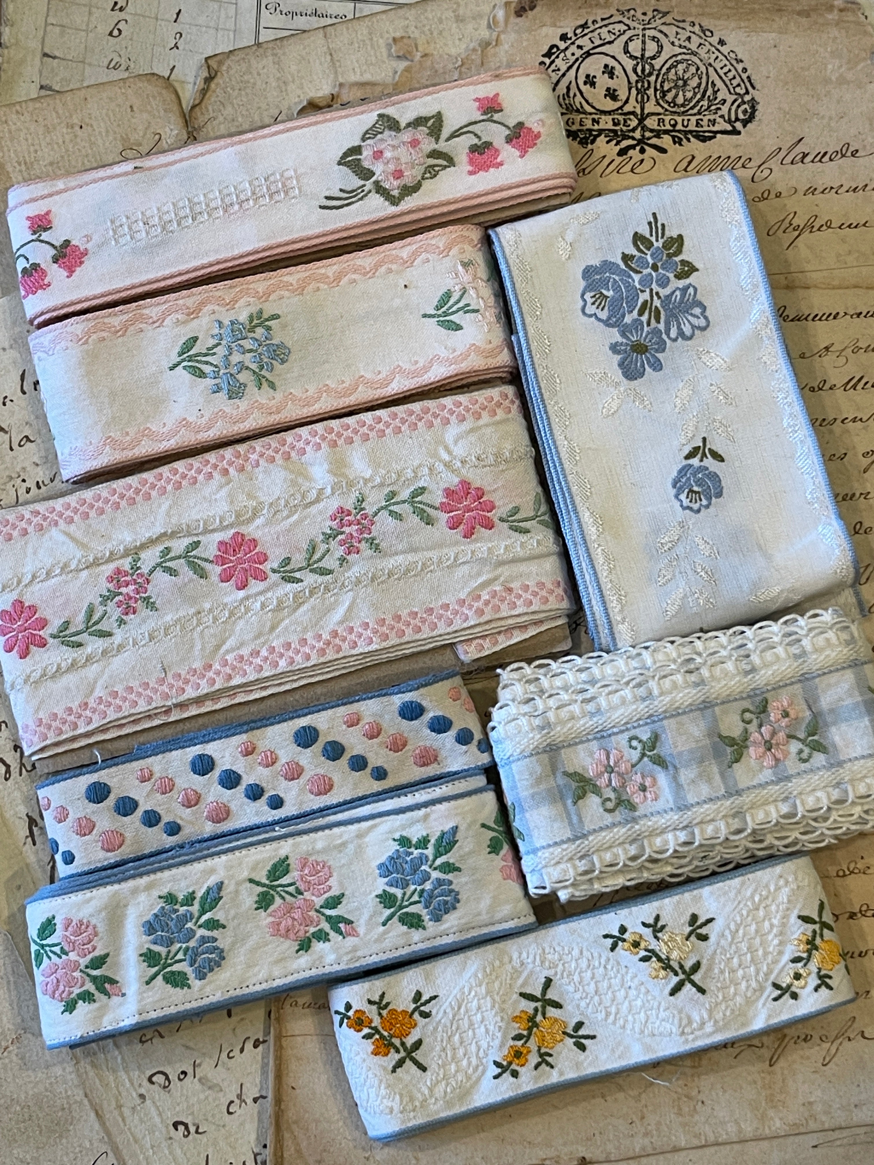 Vintage French Embroidered Pinks & Blue Ribbon Trims