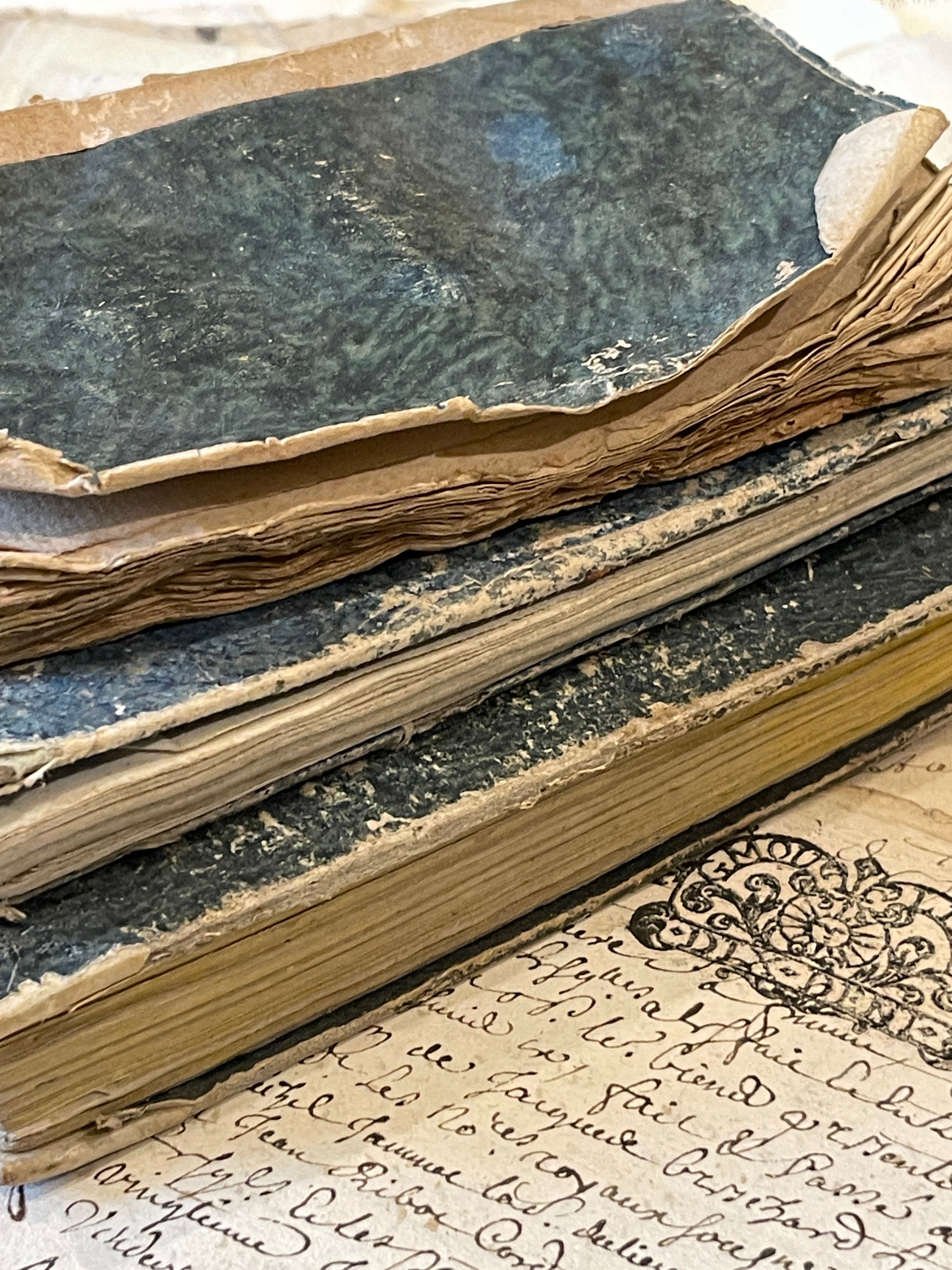 Antique 1805 - 1833 French Blue Paste Paper Books