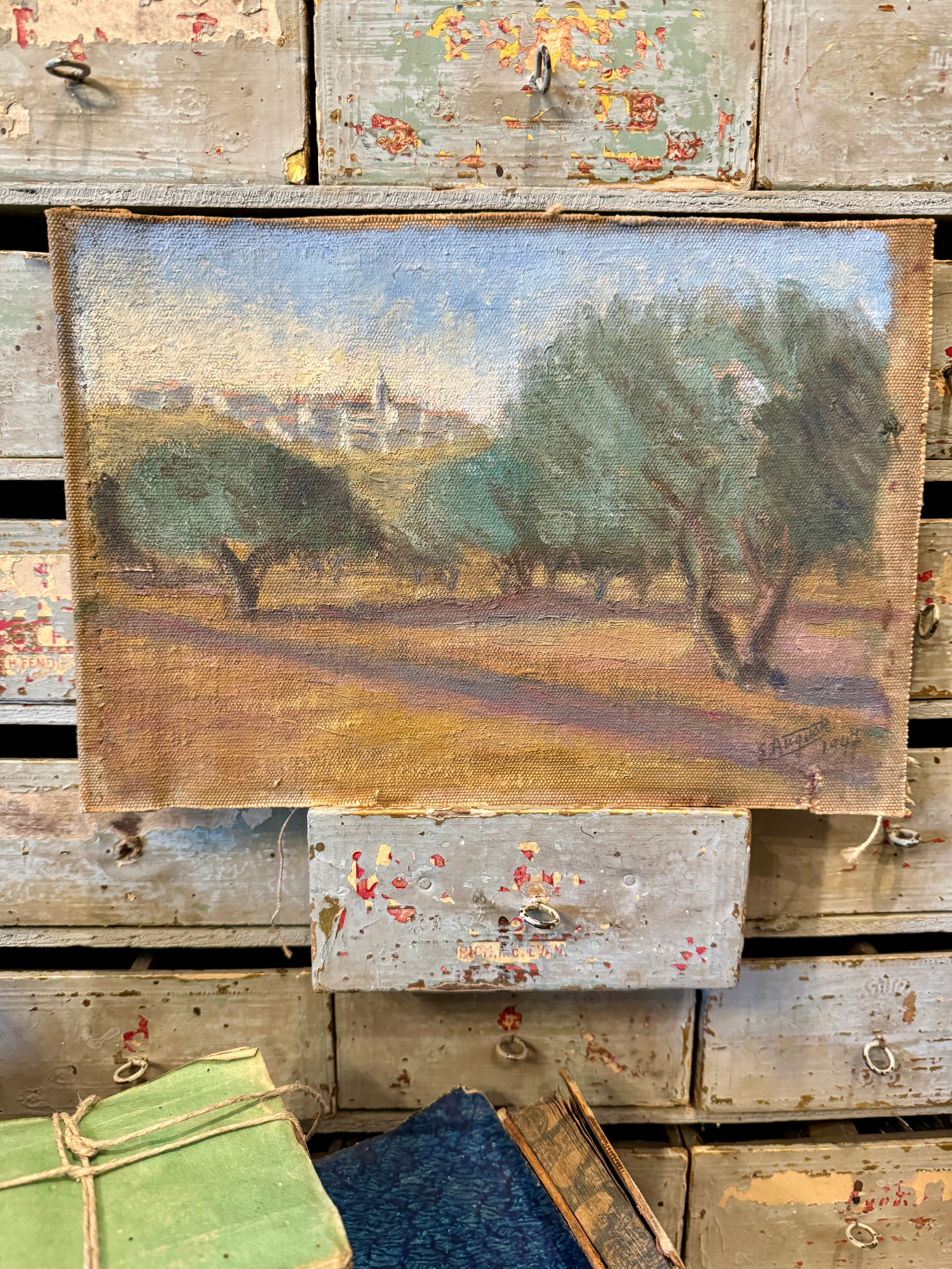 Antique Timeworn Early French Landscape Canvas