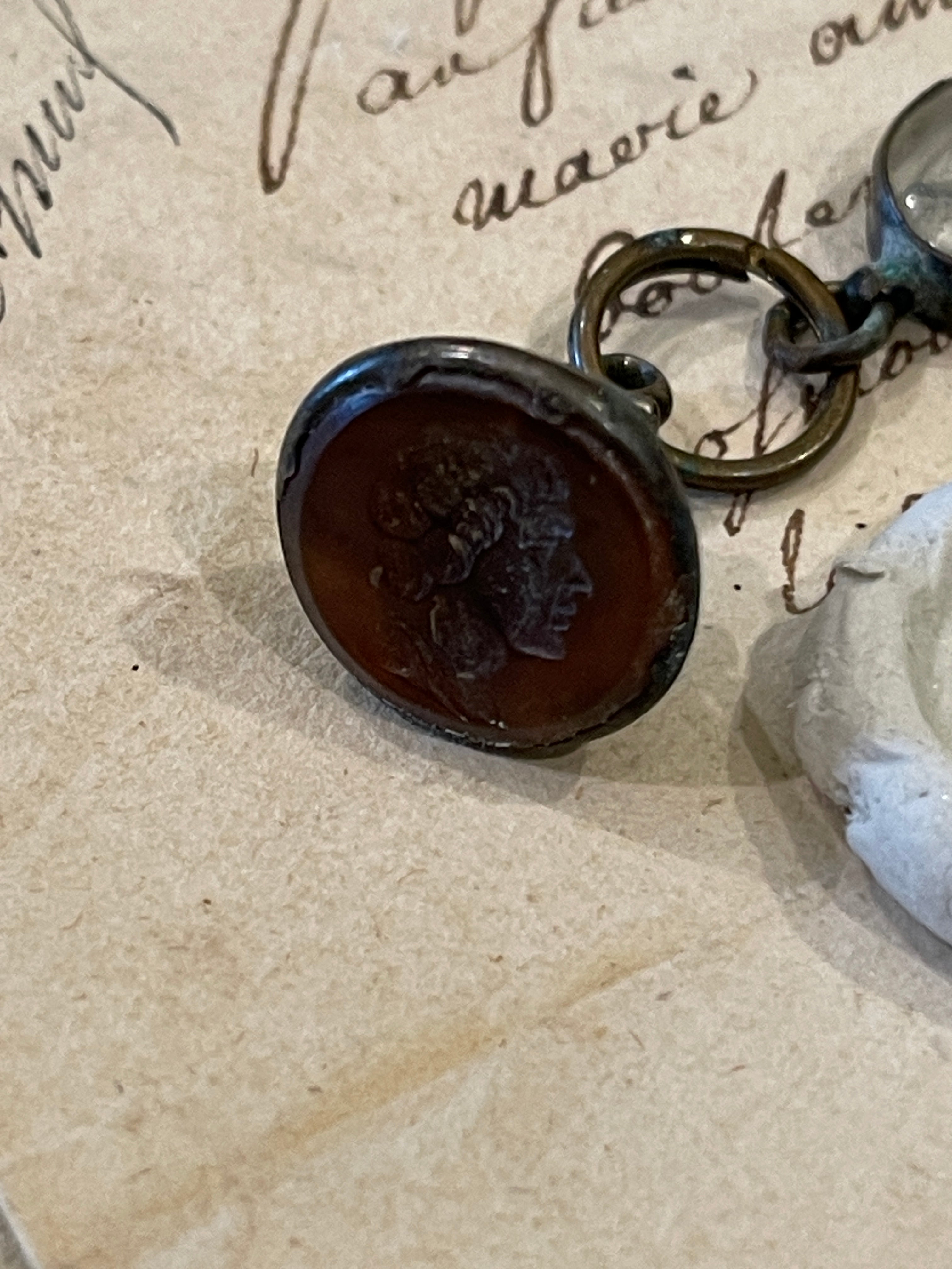 RESERVED FOR AMY  H - 1800's Victorian Gold and Silver Cameo FOB Pendant and Brass Compass