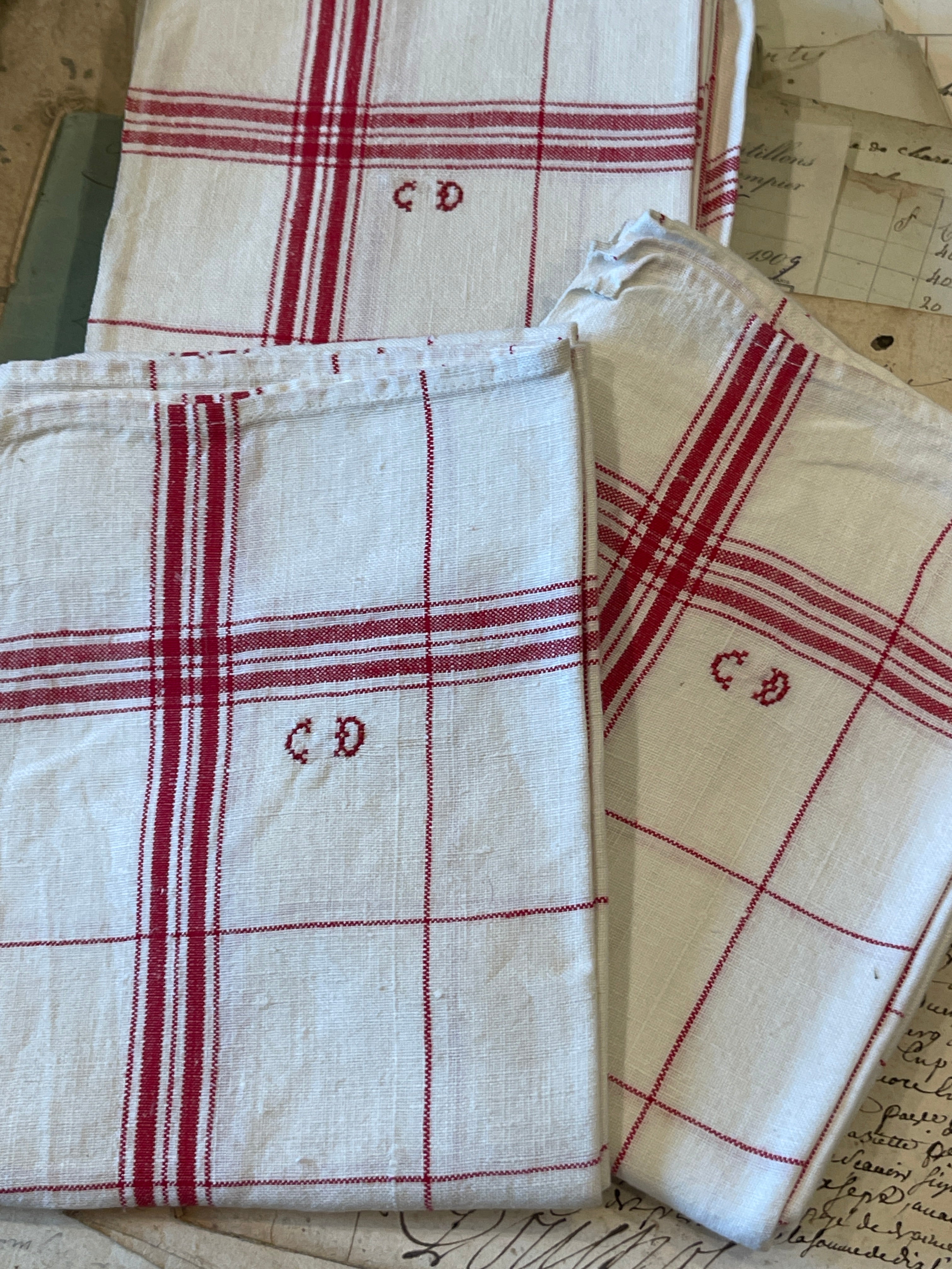 Antique Linen/Hemp Red Striped and Checked Torchon from the Farm Stitched CD