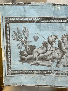 VERY Rare Original 1700's Blue Handpainted Cherubs Wallpaper