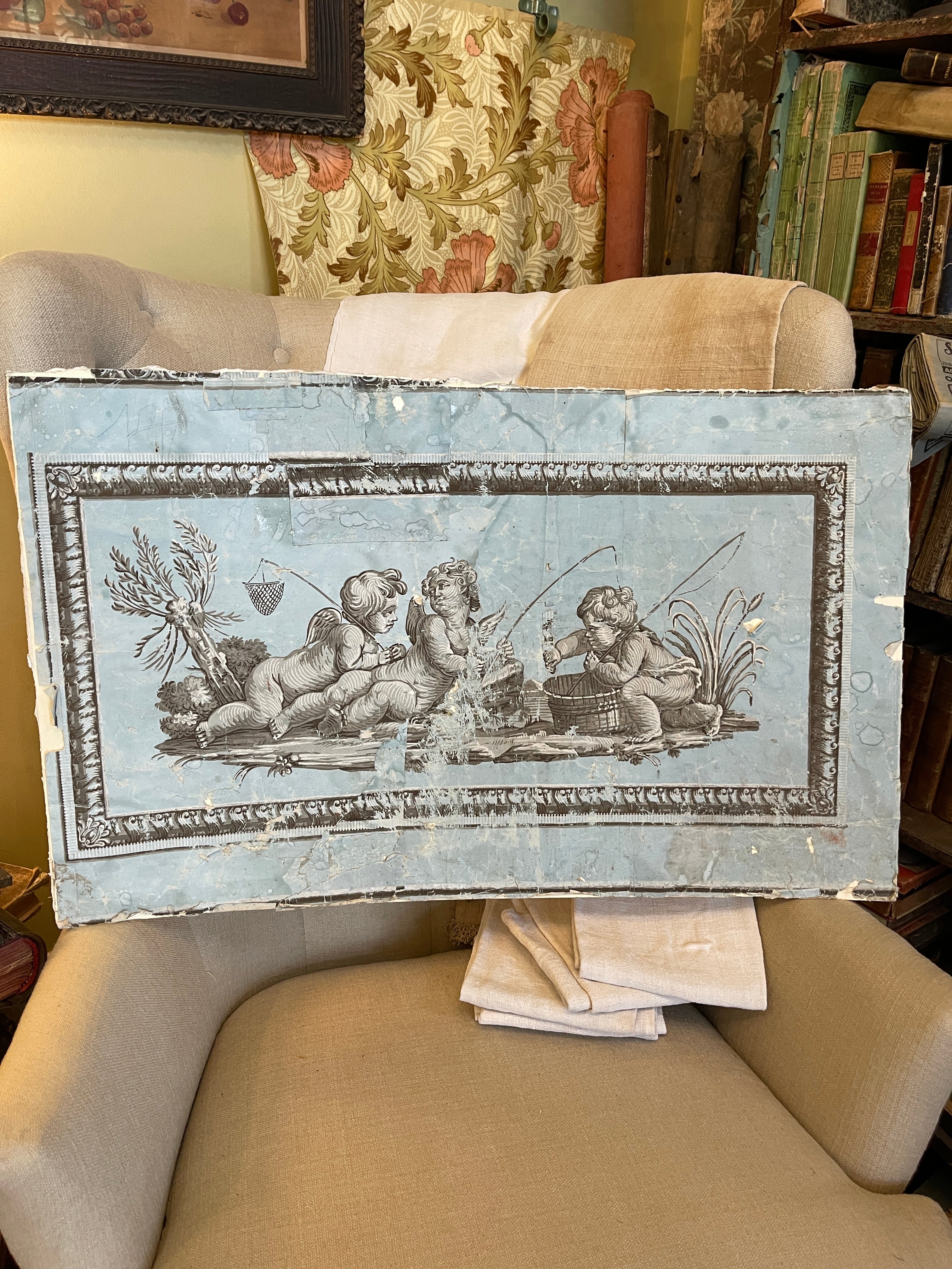 VERY Rare Original 1700's Blue Handpainted Cherubs Wallpaper