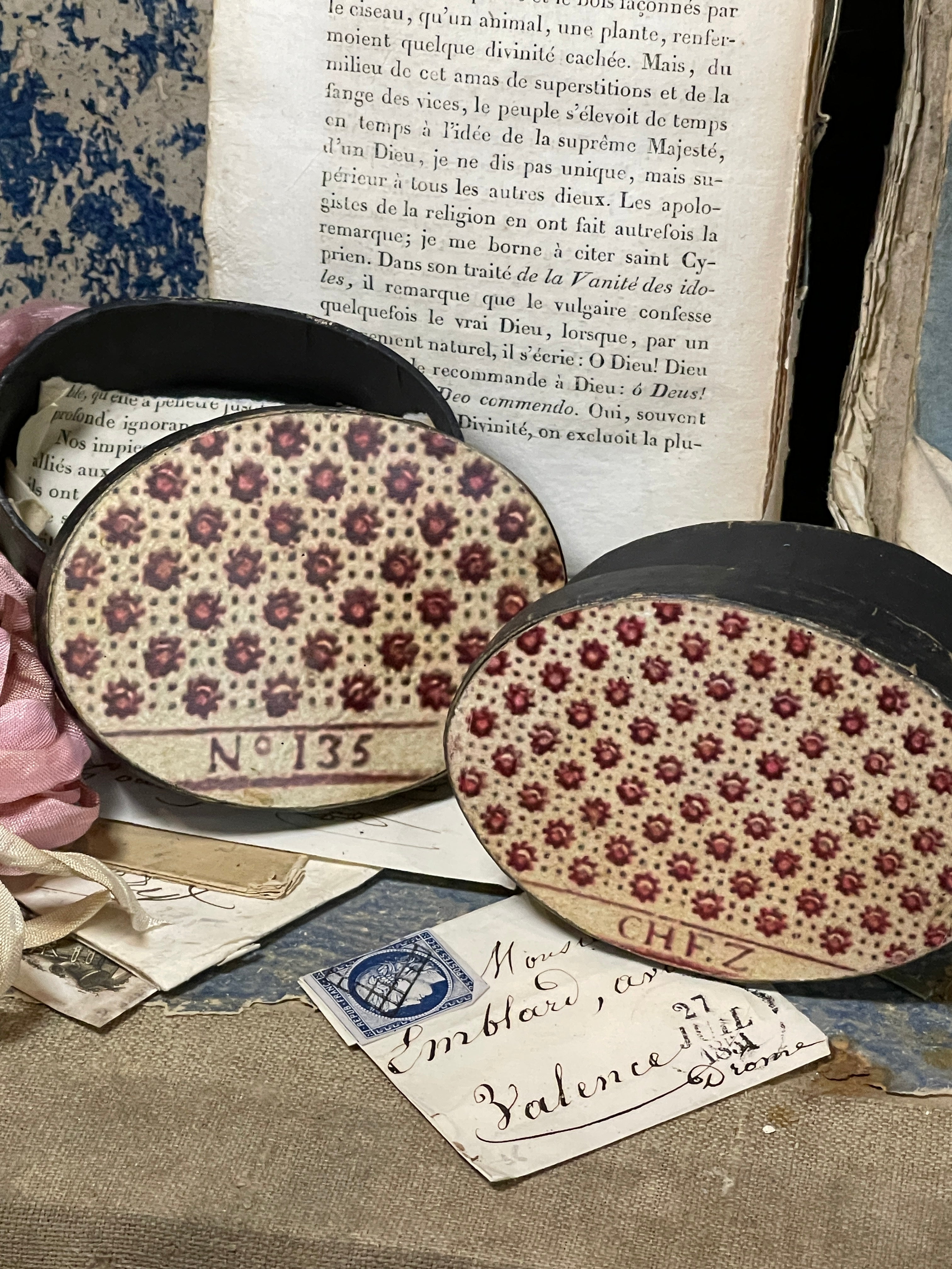 3" French Papier Dominote Paper Mache oval Boxes