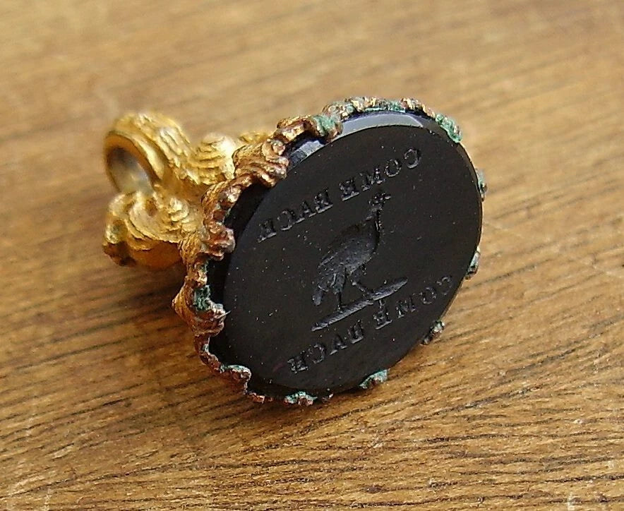 Antique Victorian Black Onyx Motto Chicken Intaglio Seal