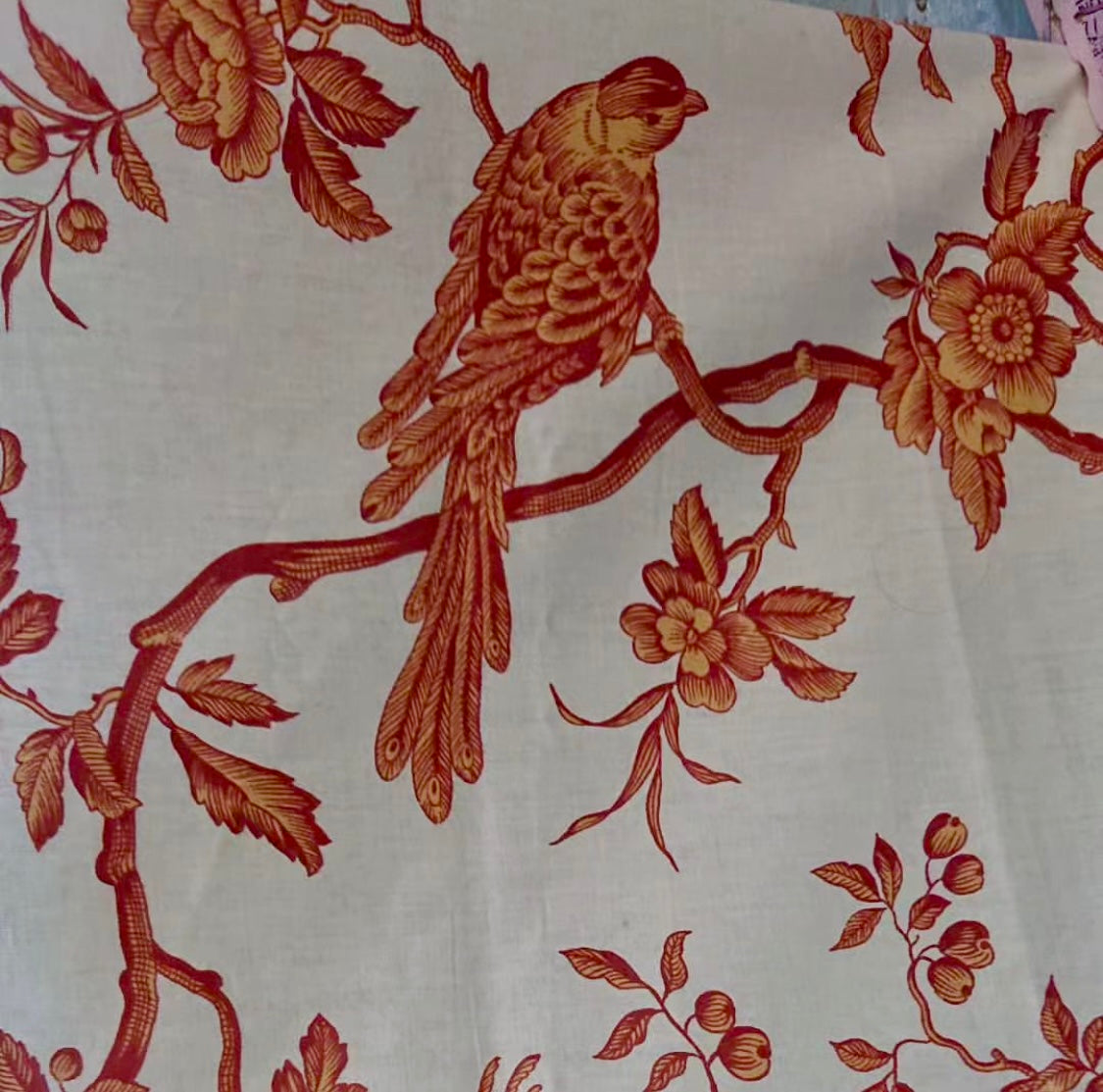 Gorgeous Antique French Chinz Toile Bird Fabric
