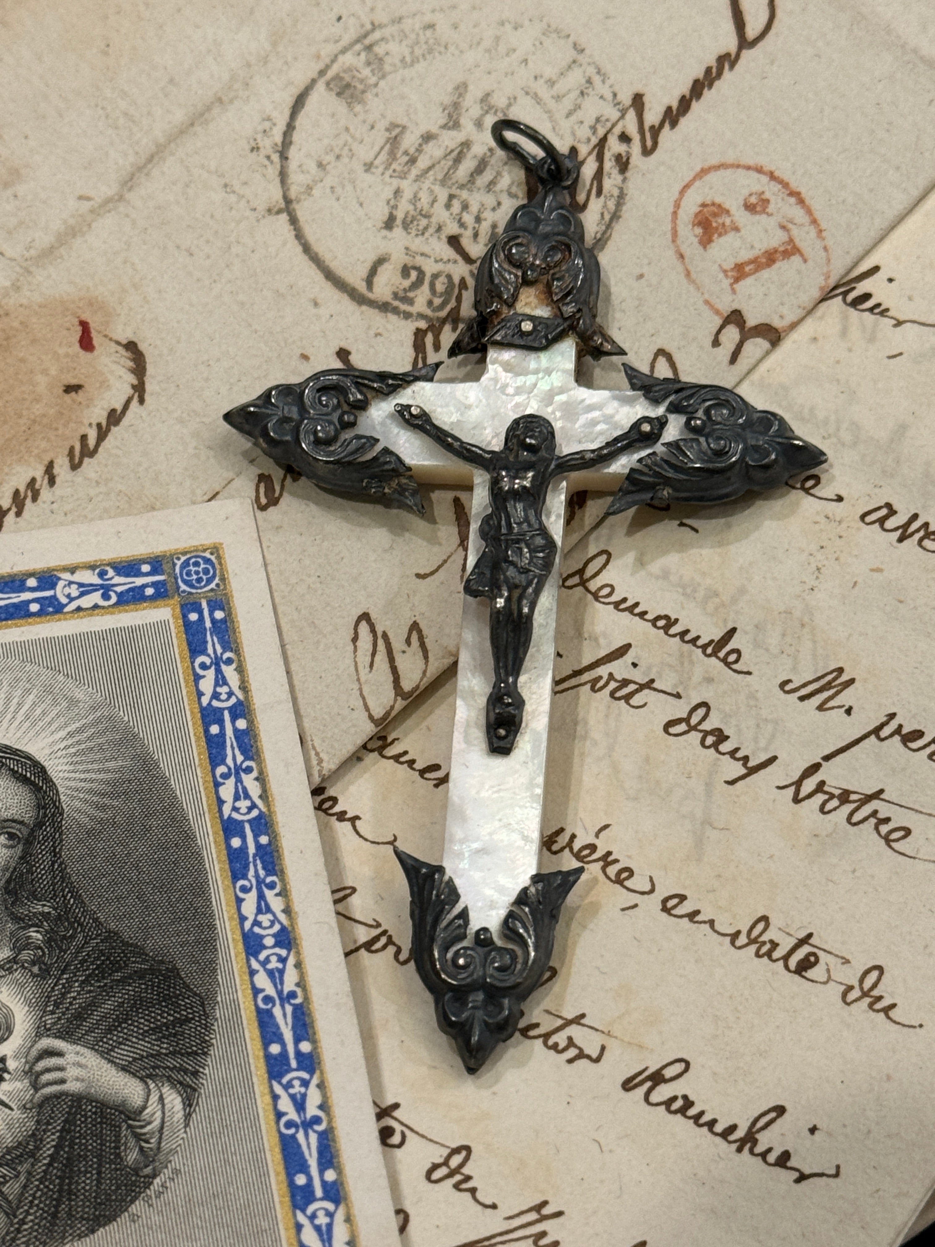 Antique French Mother of Pearl Crucifix Cross