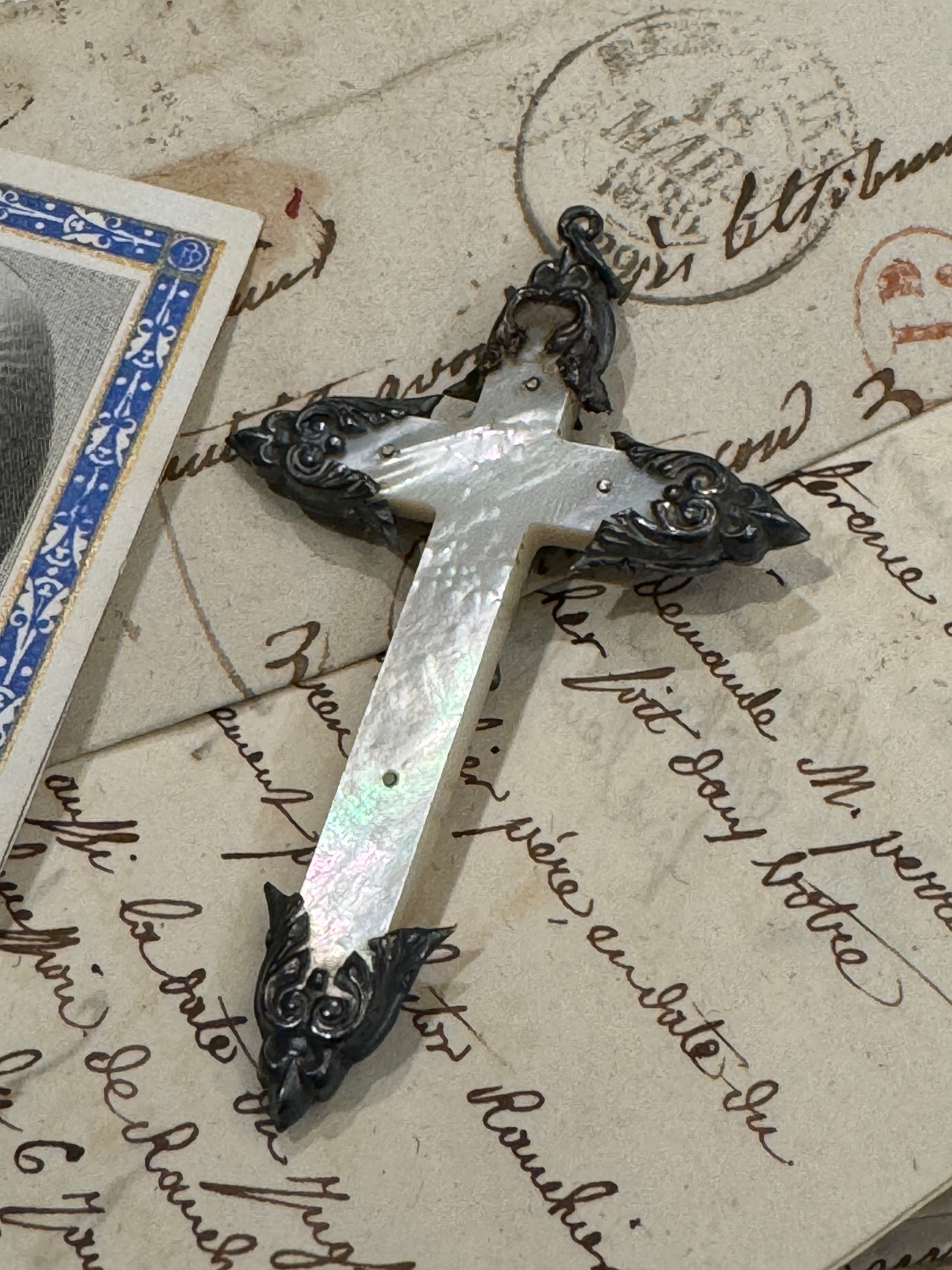 Antique French Mother of Pearl Crucifix Cross