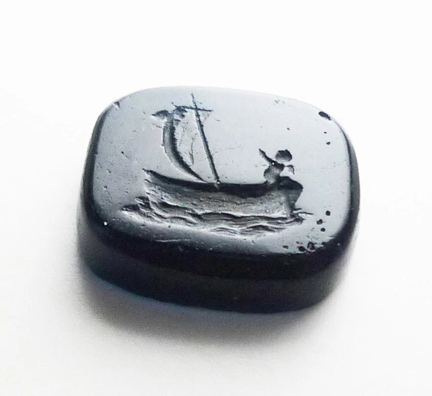 Victorian Dark Blue Glass Intaglio Seal Of Cupid In A boat