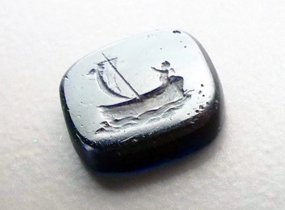 Victorian Dark Blue Glass Intaglio Seal Of Cupid In A boat