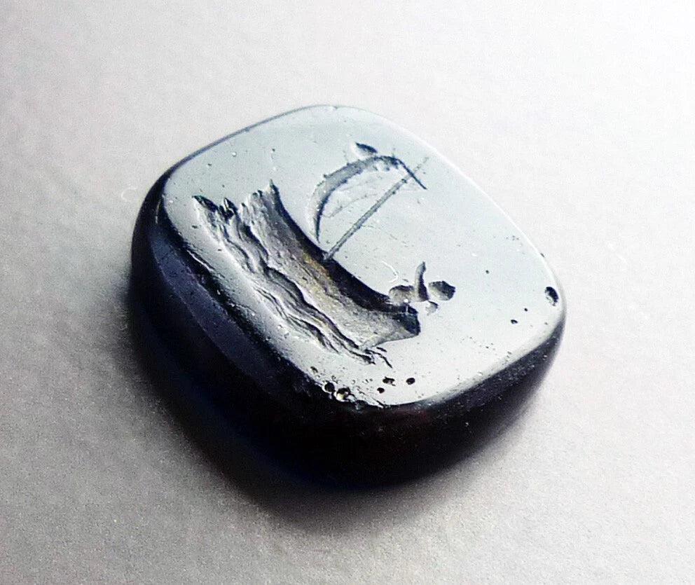 Victorian Dark Blue Glass Intaglio Seal Of Cupid In A boat