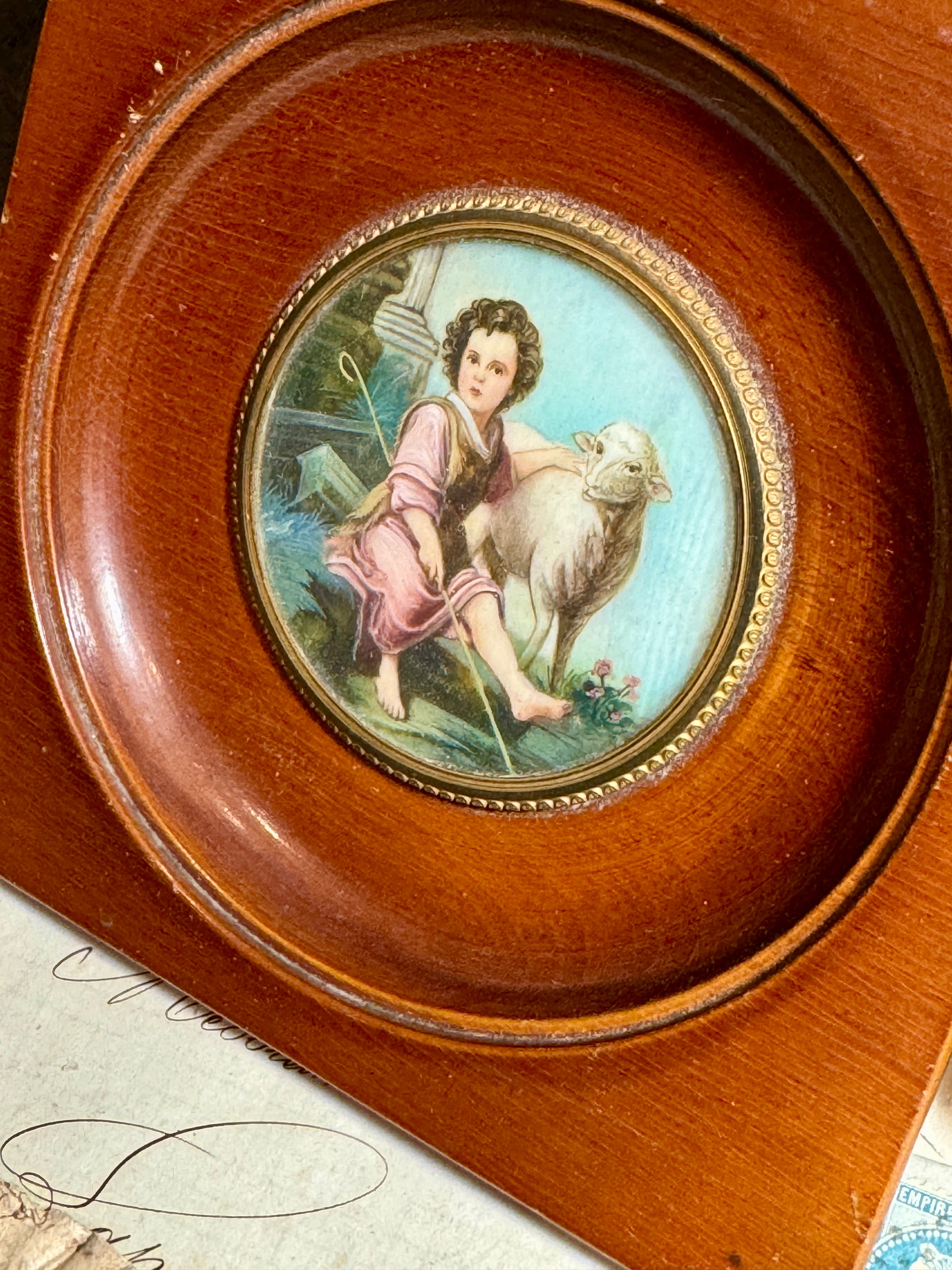 Antique French Miniature 1800s Painting "Divine Pasteur"