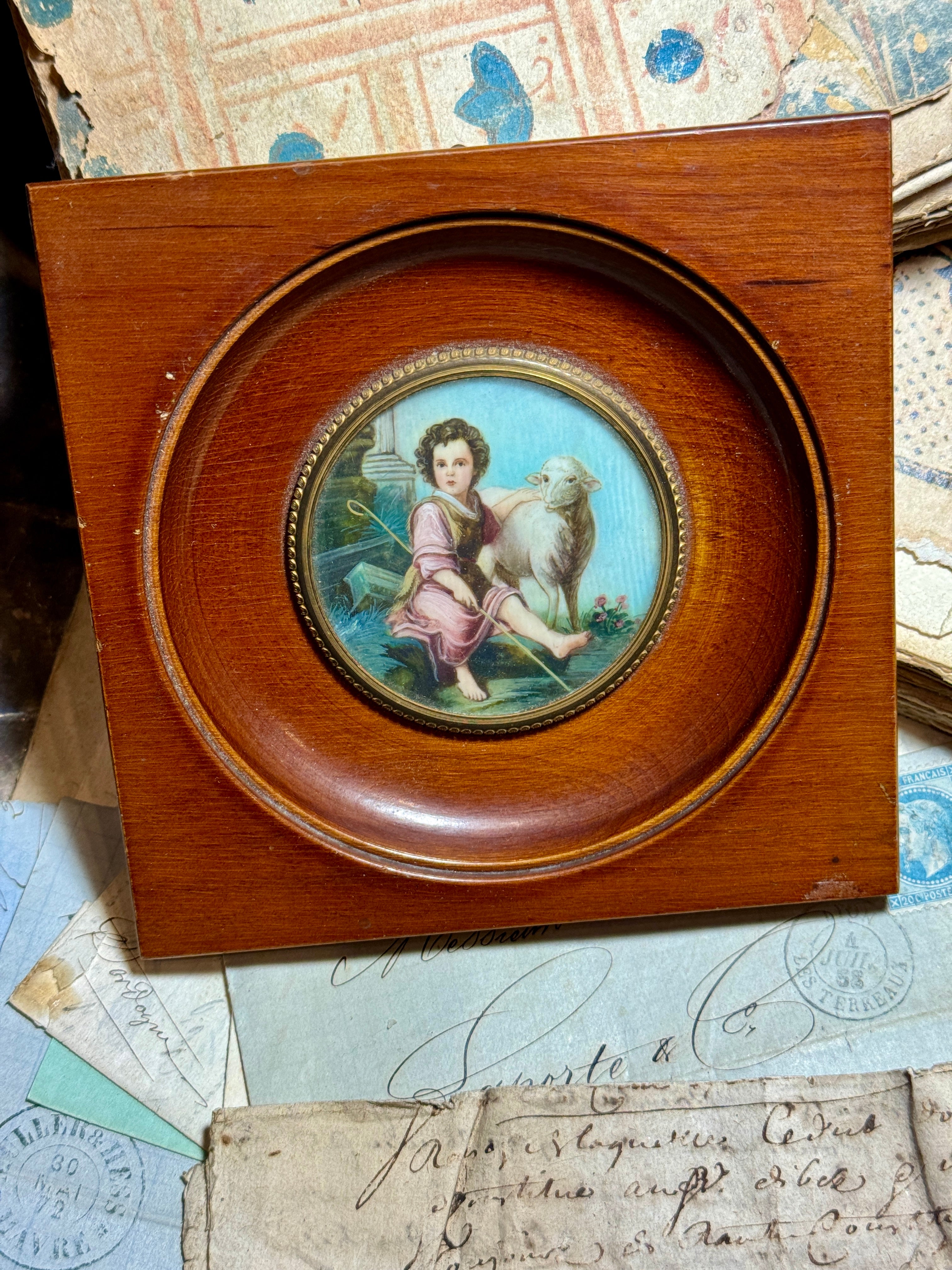Antique French Miniature 1800s Painting "Divine Pasteur"