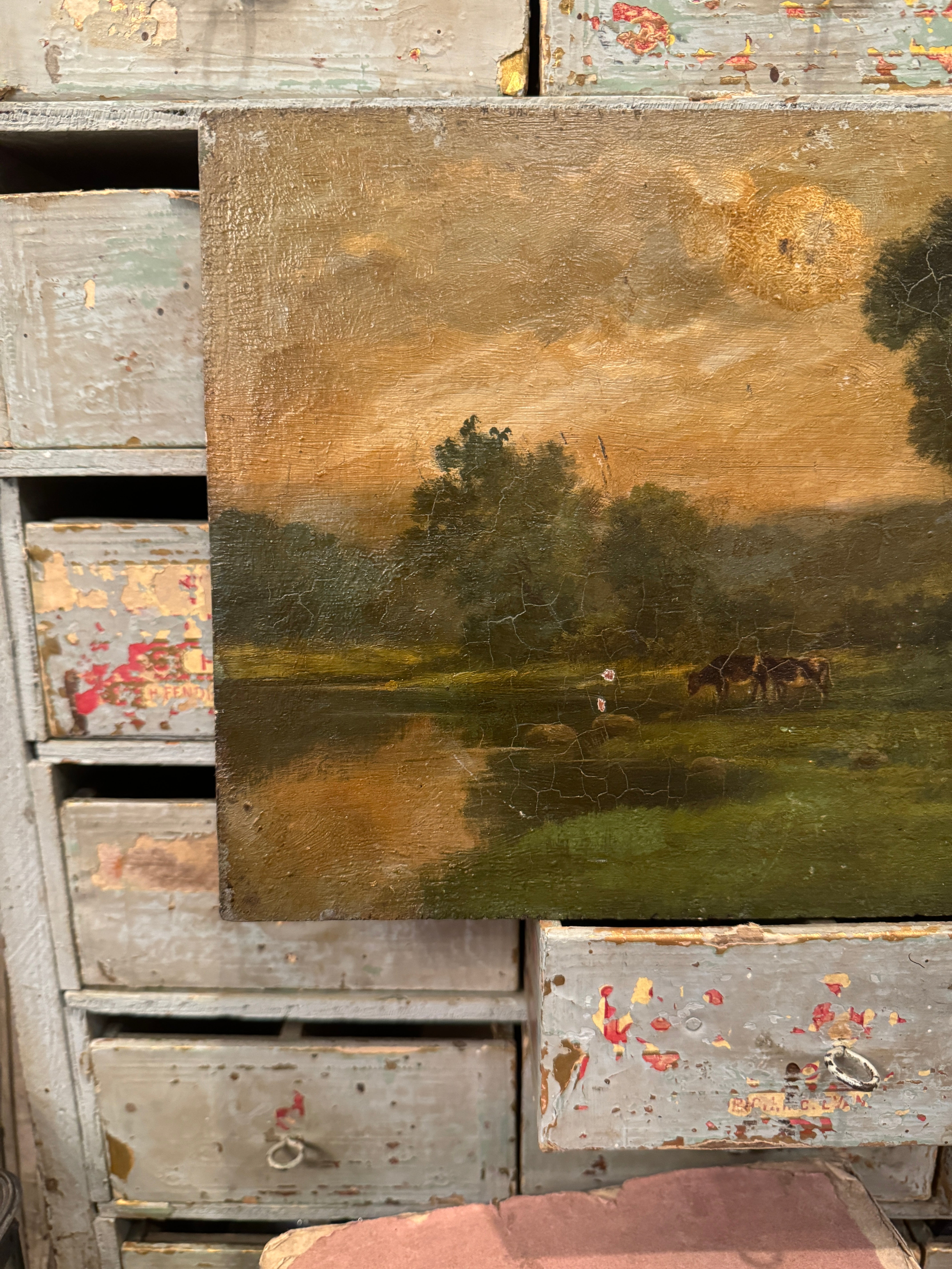 Beautiful Antique French Landscape and Lake Painting - Barbizon School